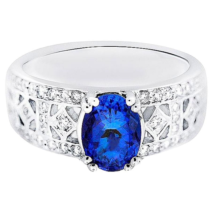 Tanzanite Band Ring With Diamonds 18K White Gold For Sale