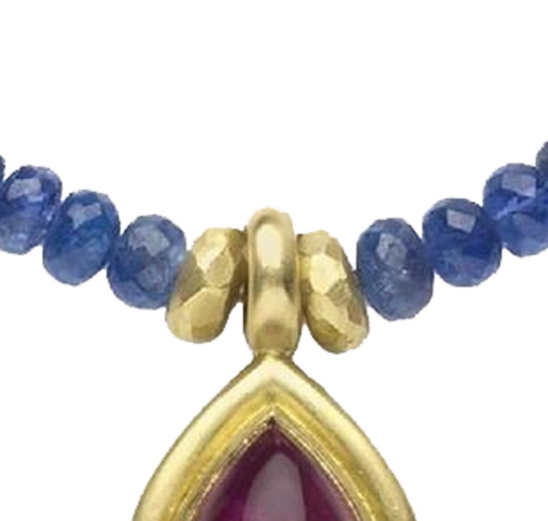 Contemporary Tanzanite Bead Necklace with Rubelite Gold Pendant For Sale