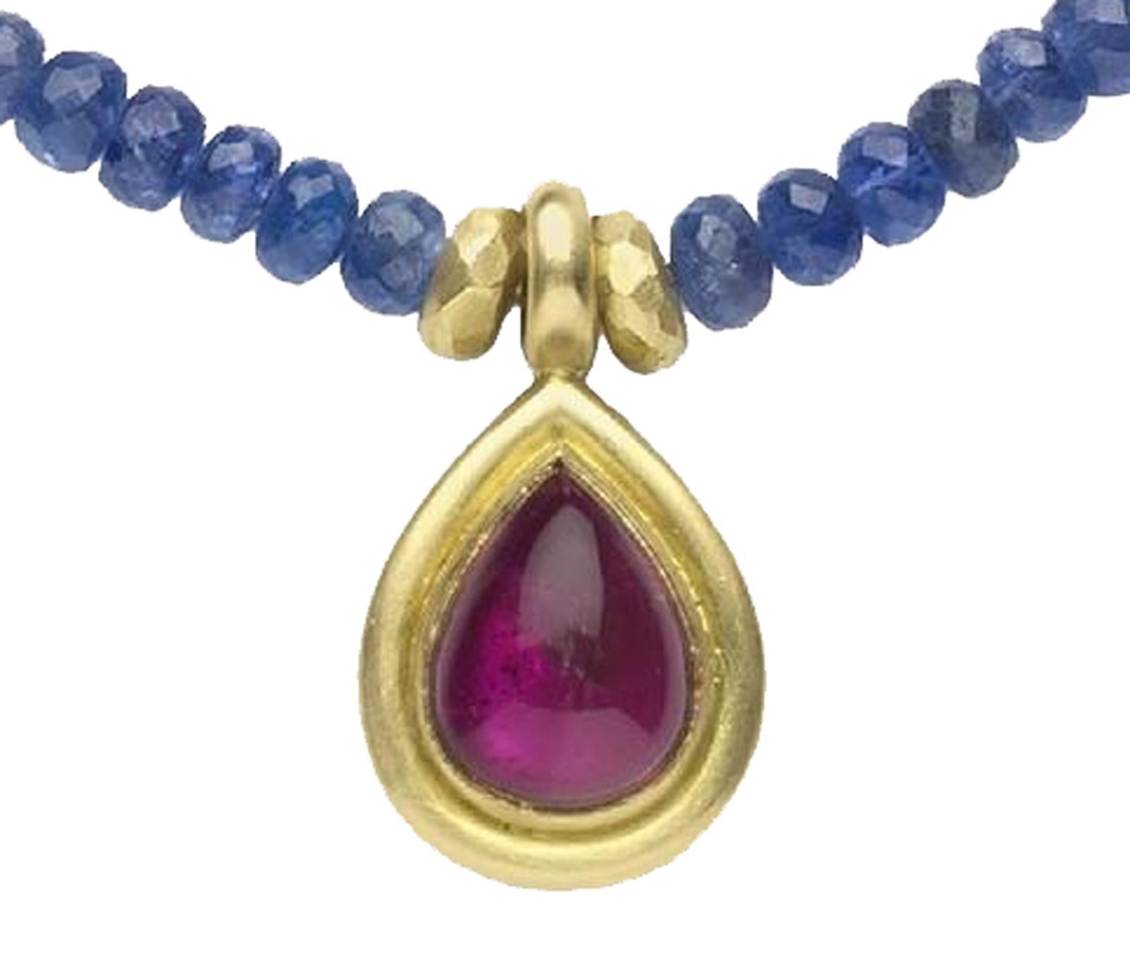 Tanzanite Bead Necklace with Rubelite Gold Pendant In New Condition In Raleigh, NC