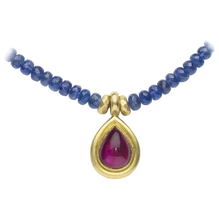 Tanzanite Bead Necklace with Rubelite Gold Pendant For Sale