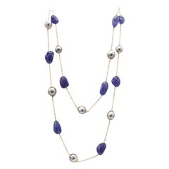 Tanzanite Bead & Pearl 14 Karat Yellow Gold Station Long Necklace