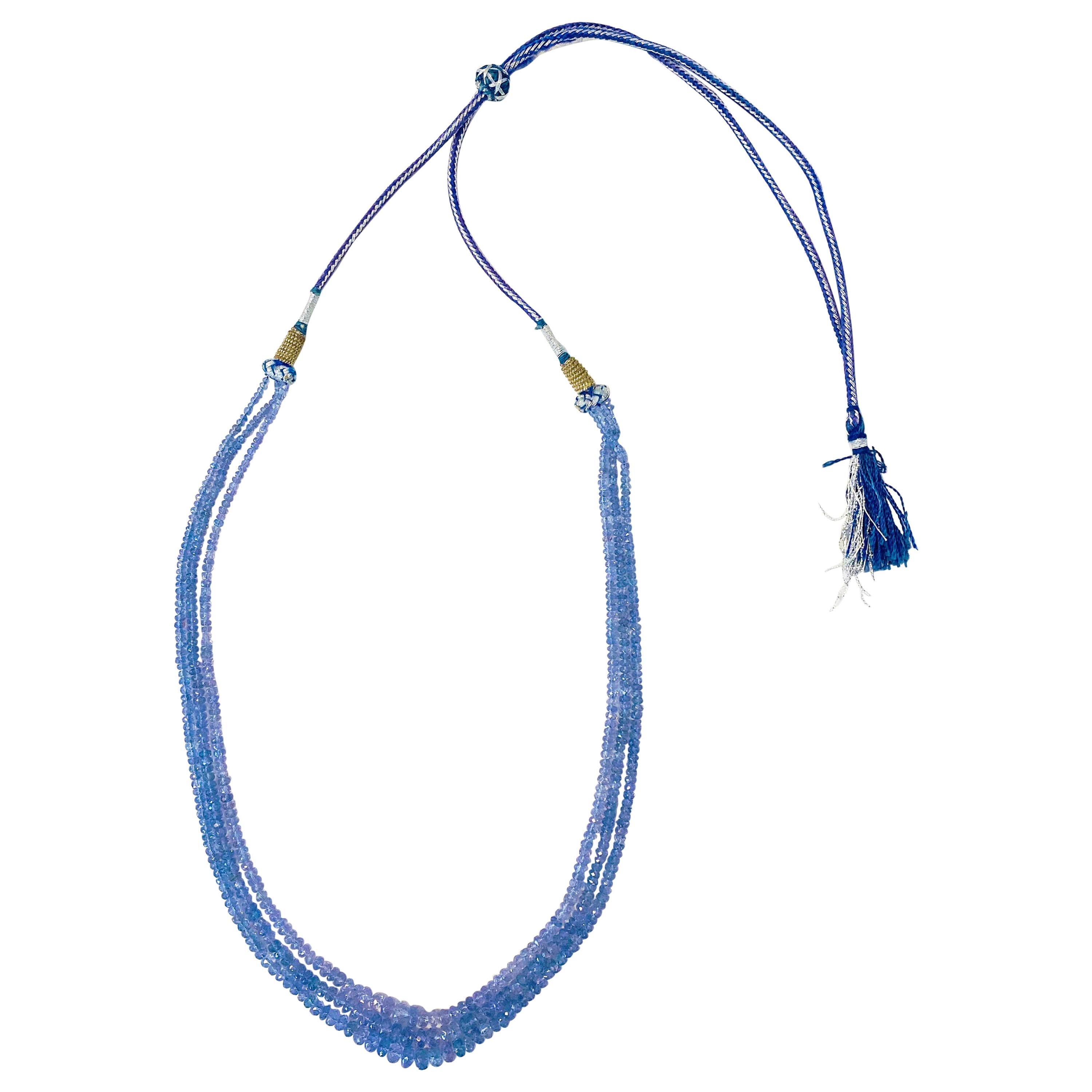 Tanzanite Beaded Necklace, Faceted Beads, Adjustable, Rope, Tassel For Sale
