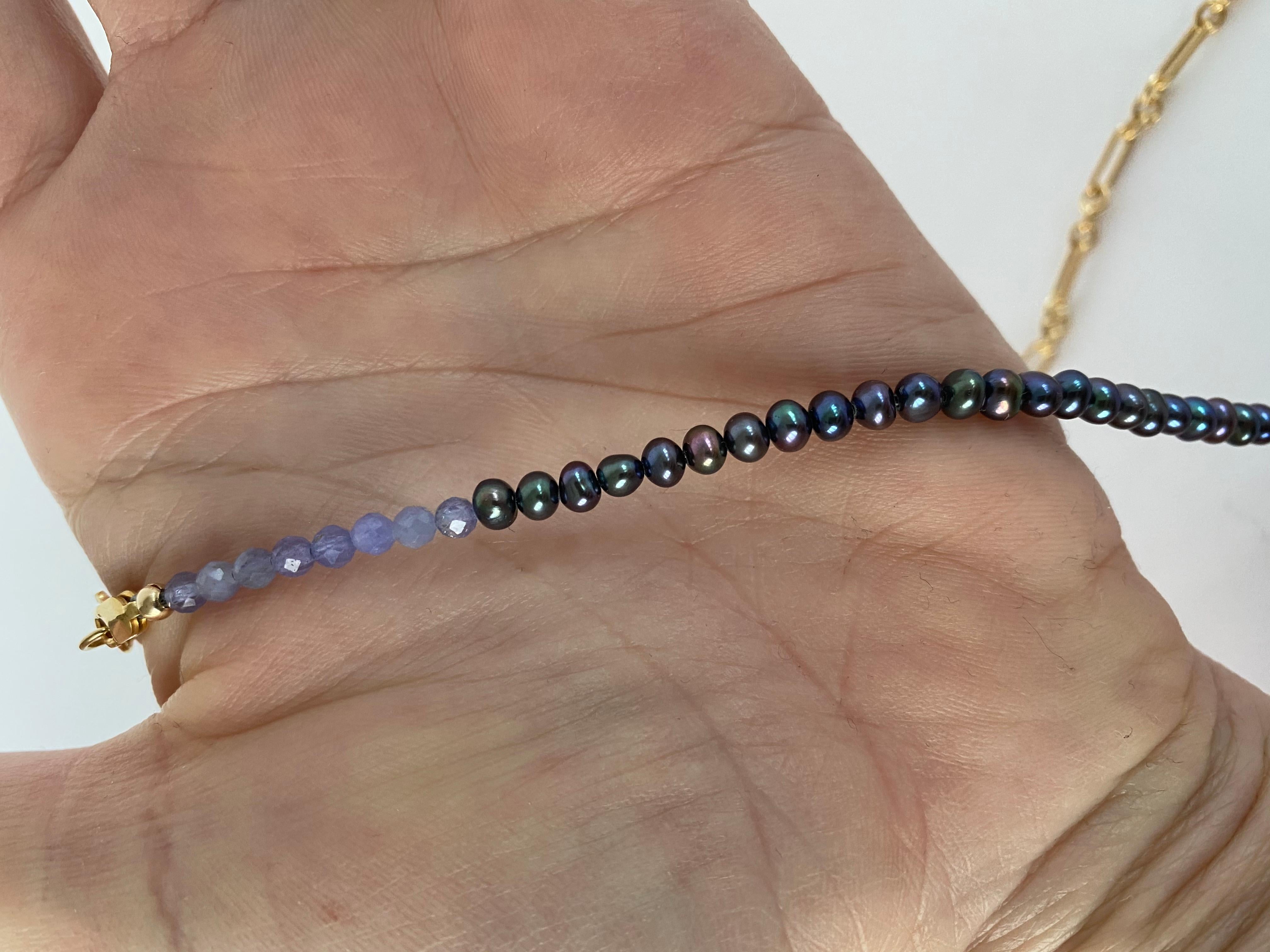 Romantic Tanzanite Black Pearl Gold Filled Chain Beaded Choker Necklace For Sale