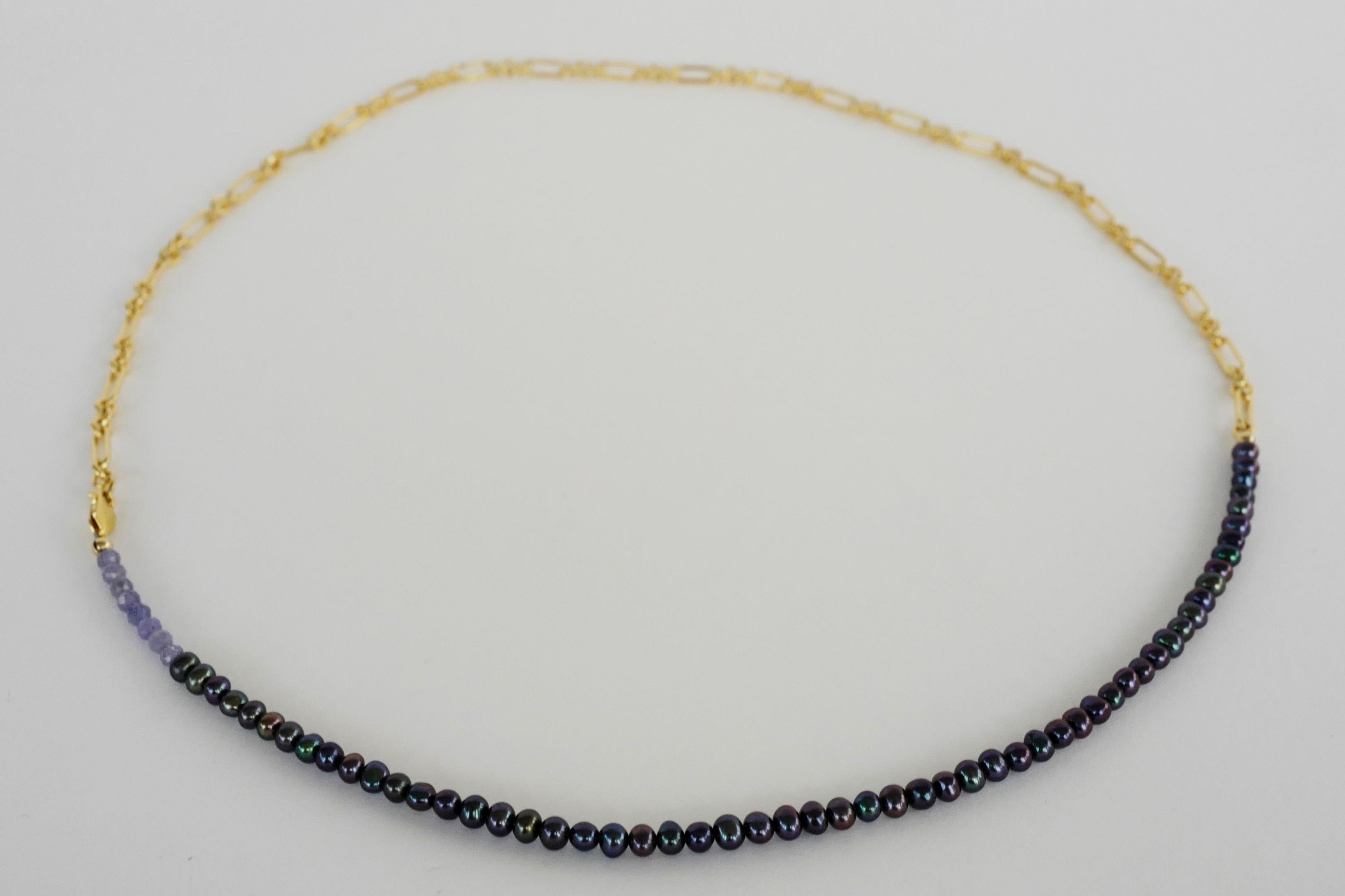 Round Cut Tanzanite Black Pearl Gold Filled Chain Beaded Choker Necklace For Sale