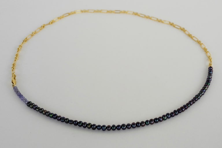 Tanzanite Black Pearl Gold Filled Chain Beaded Choker Necklace In New Condition For Sale In Los Angeles, CA
