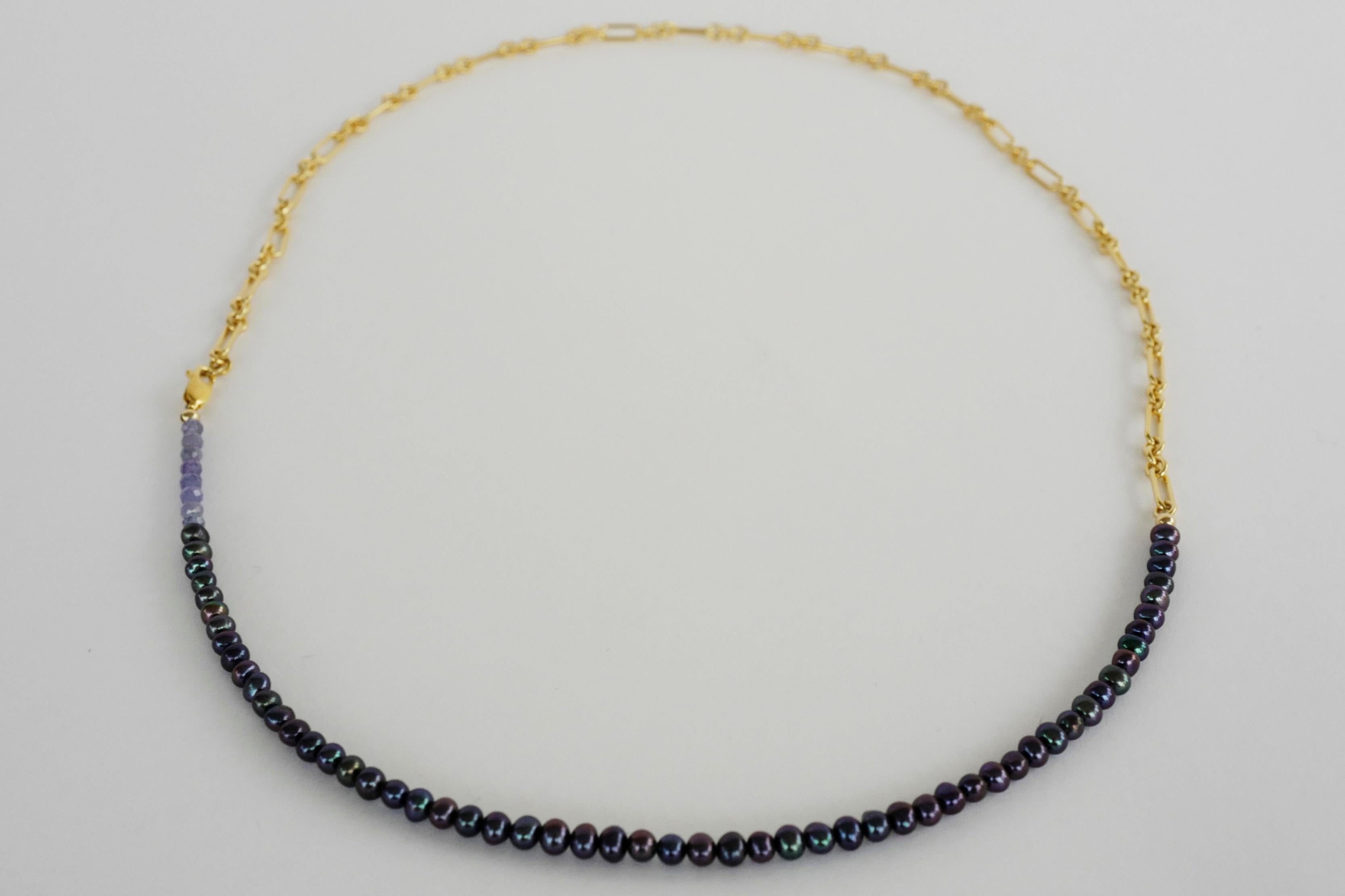 Women's Tanzanite Black Pearl Gold Filled Chain Beaded Choker Necklace For Sale