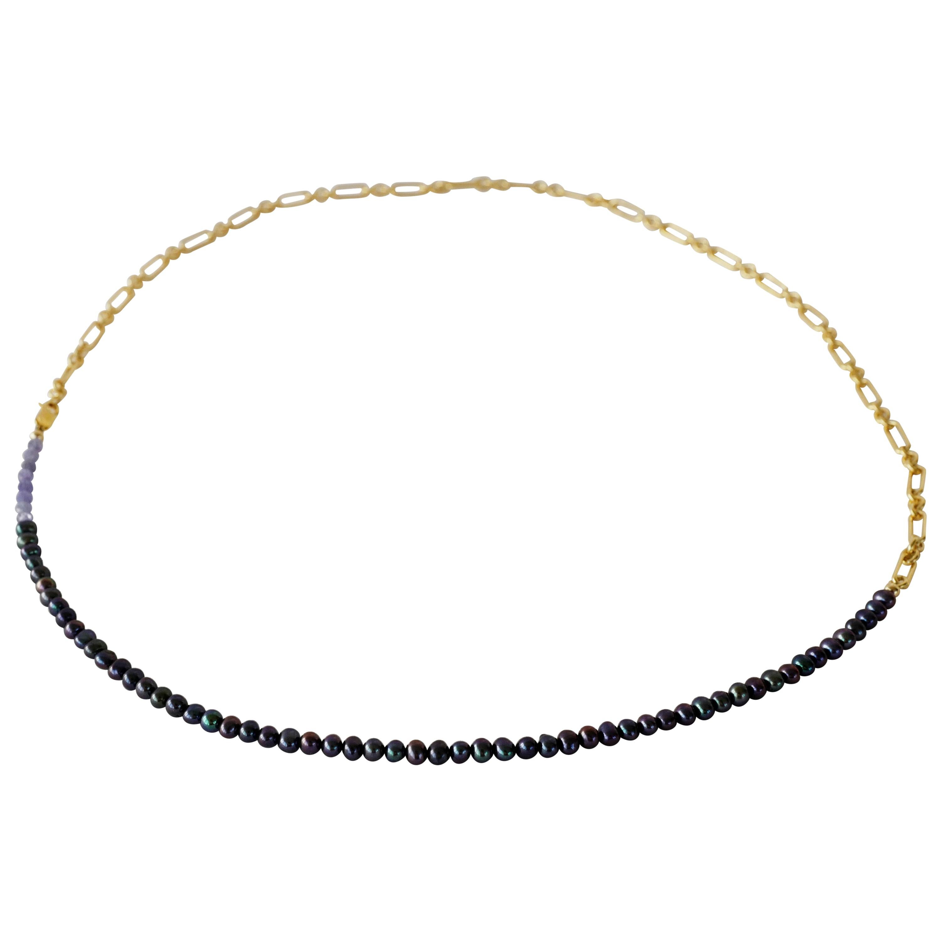 Tanzanite Black Pearl Gold Filled Chain Beaded Choker Necklace For Sale