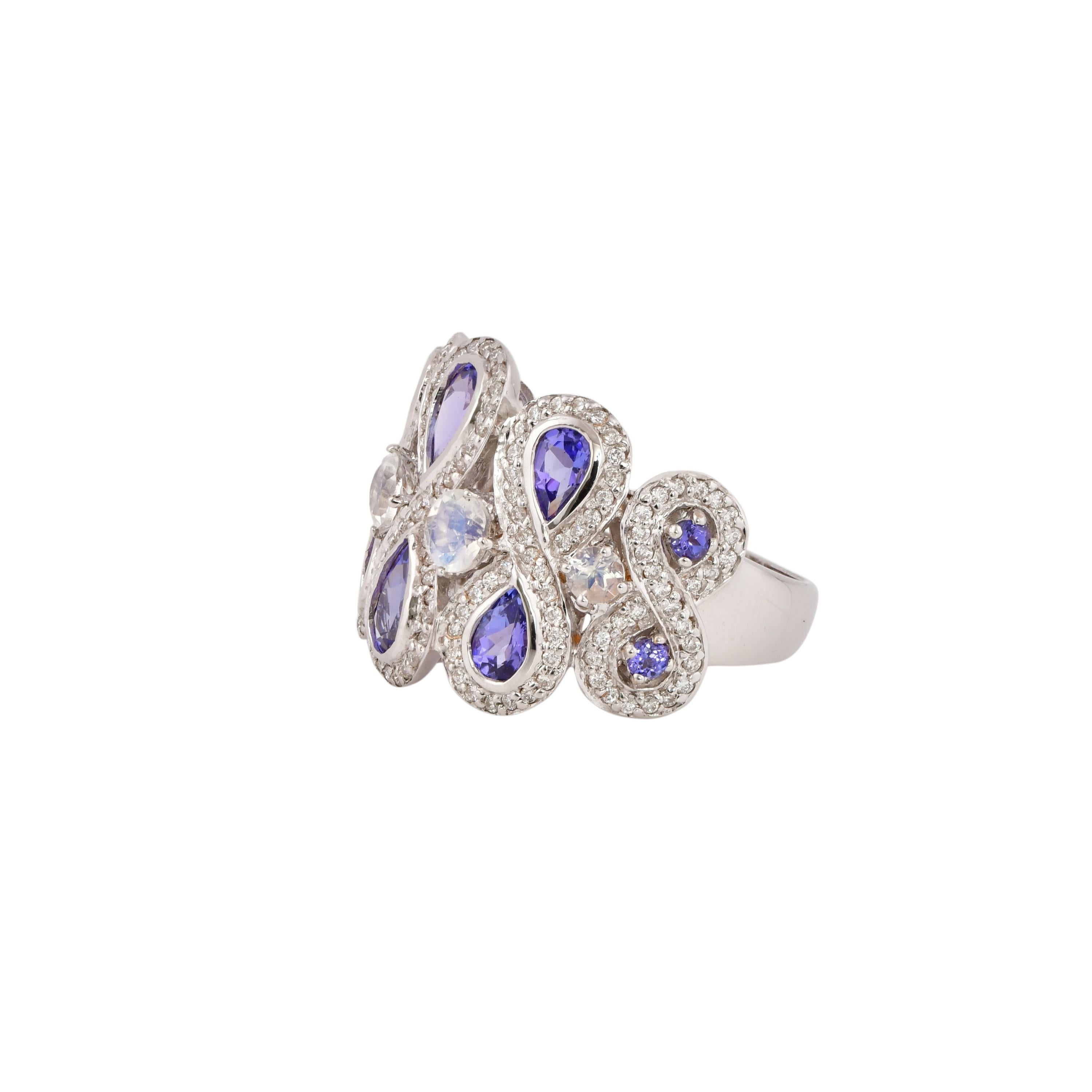Contemporary Tanzanite & Blue Moonstone with Diamond Cocktail Ring in 14 Karat White Gold For Sale