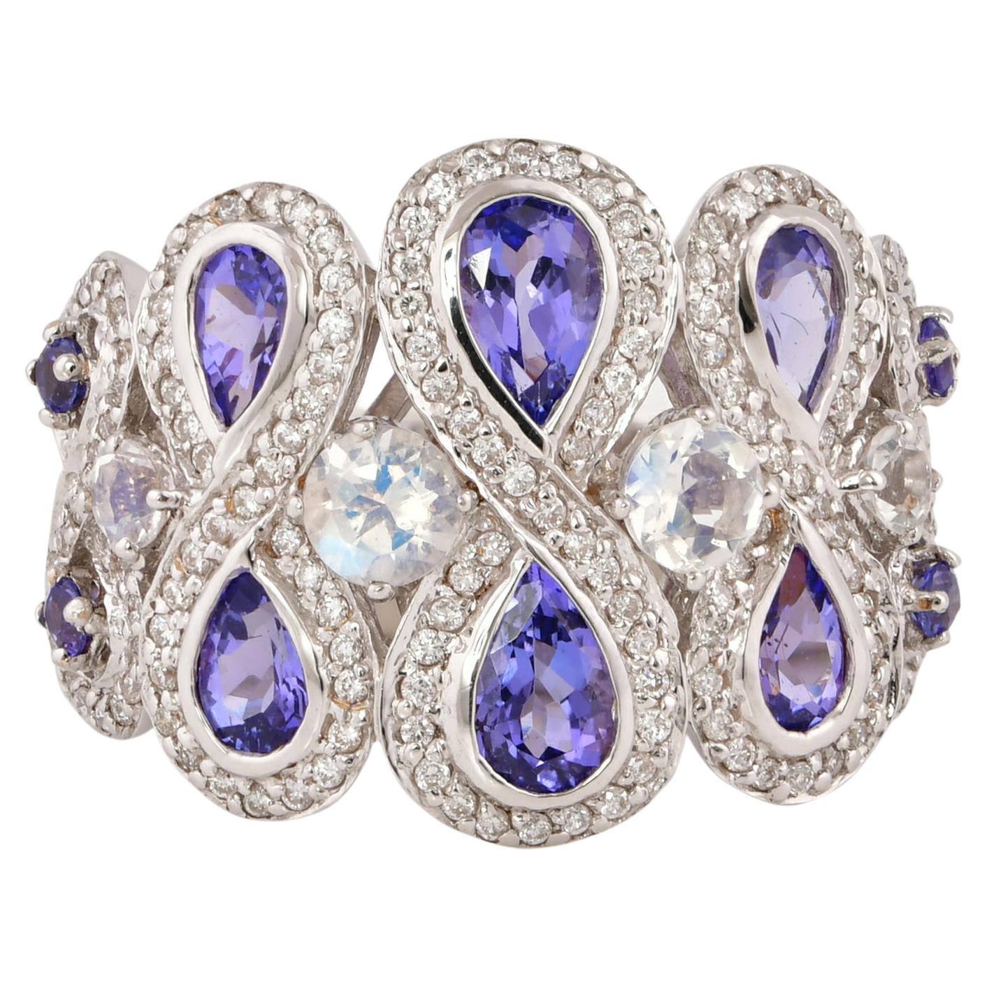 Tanzanite & Blue Moonstone with Diamond Cocktail Ring in 14 Karat White Gold For Sale