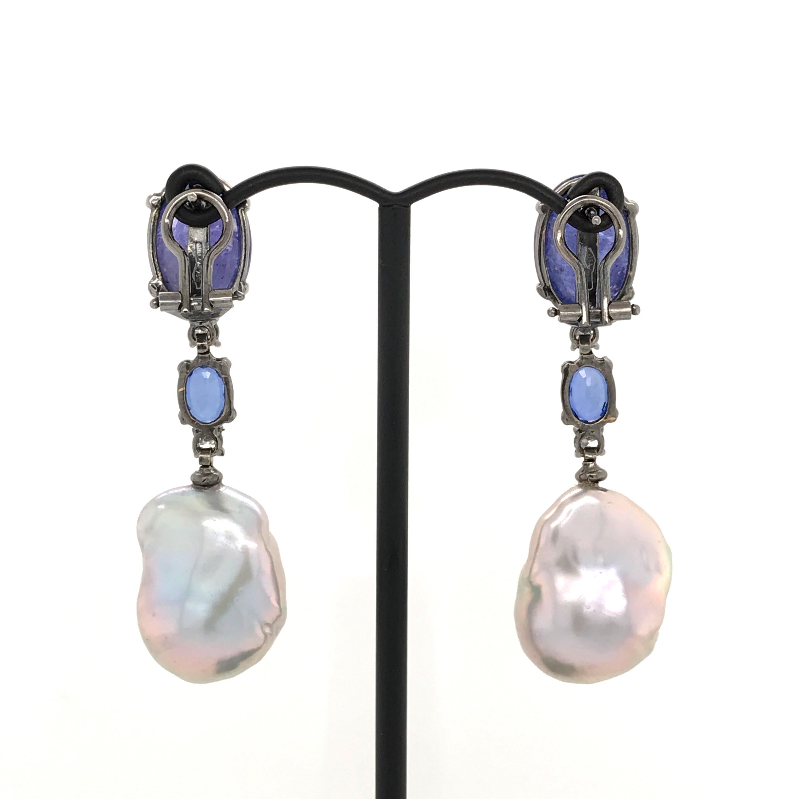 Tanzanite Blue Sapphire and Diamonds on Black Gold Chandelier Earrings 3