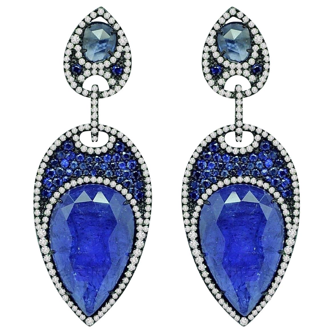 Tanzanite Blue Sapphire Diamond 18 Karat Gold Earrings