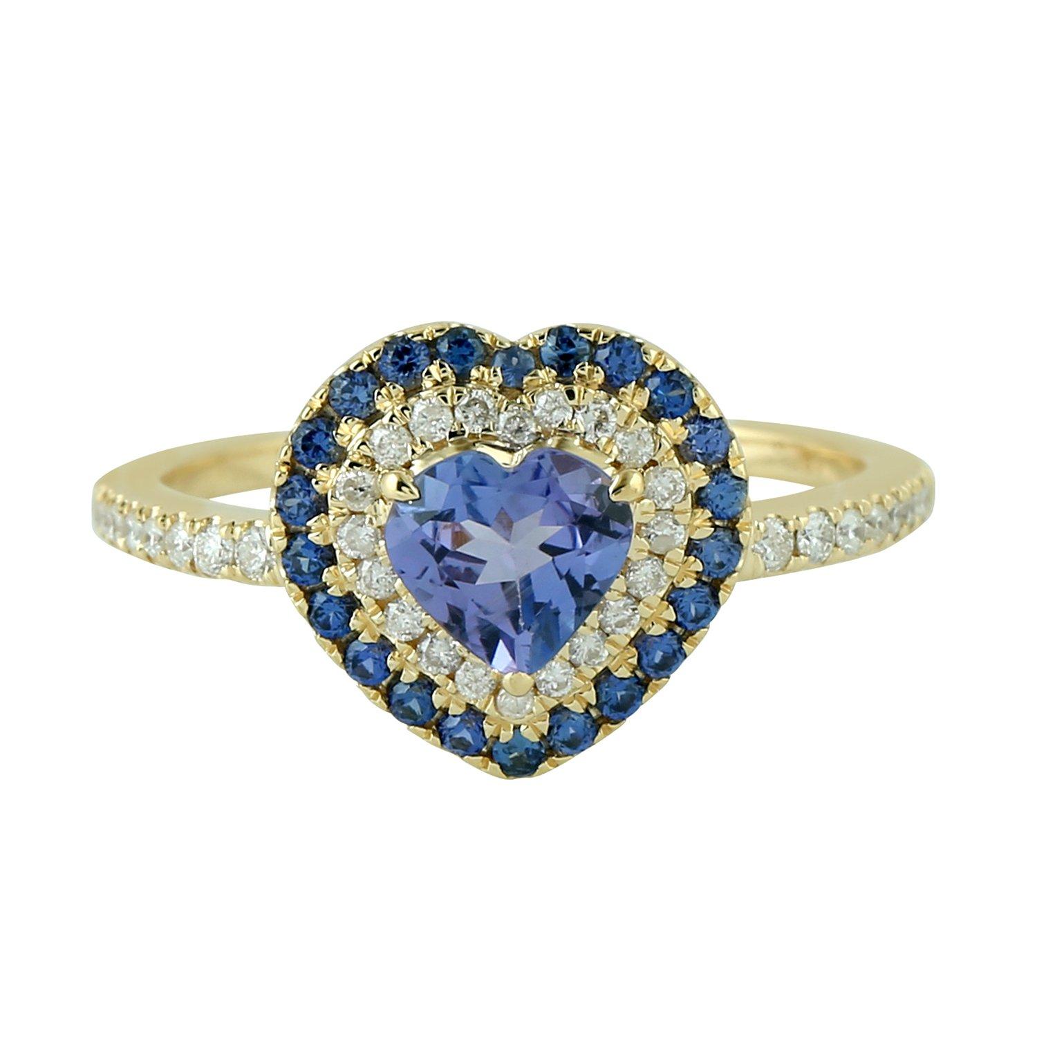Modern Tanzanite Blue Sapphire Diamond 14 Karat Gold Heart Ring For Sale