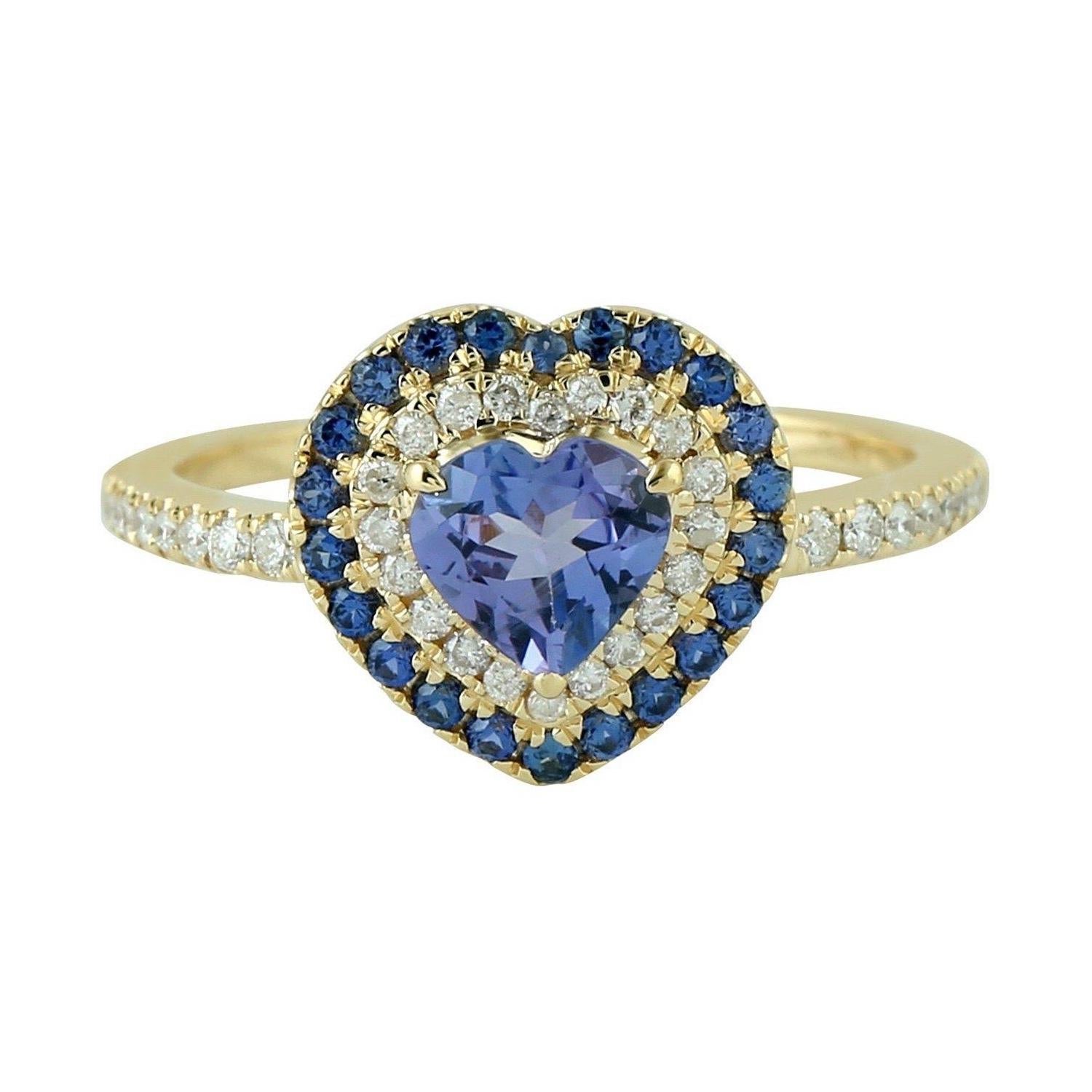 Tanzanite Blue Sapphire Diamond 14 Karat Gold Heart Ring For Sale