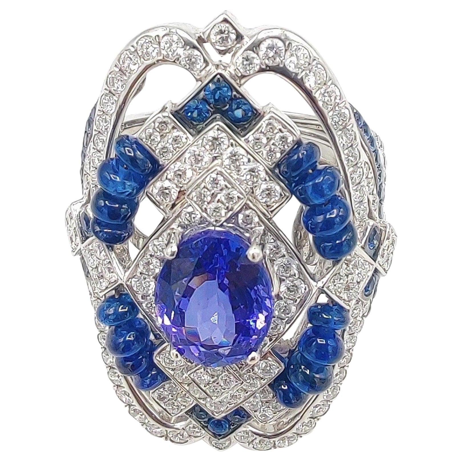 Tanzanite Blue Sapphire Diamond 18 Karat White Gold Ring