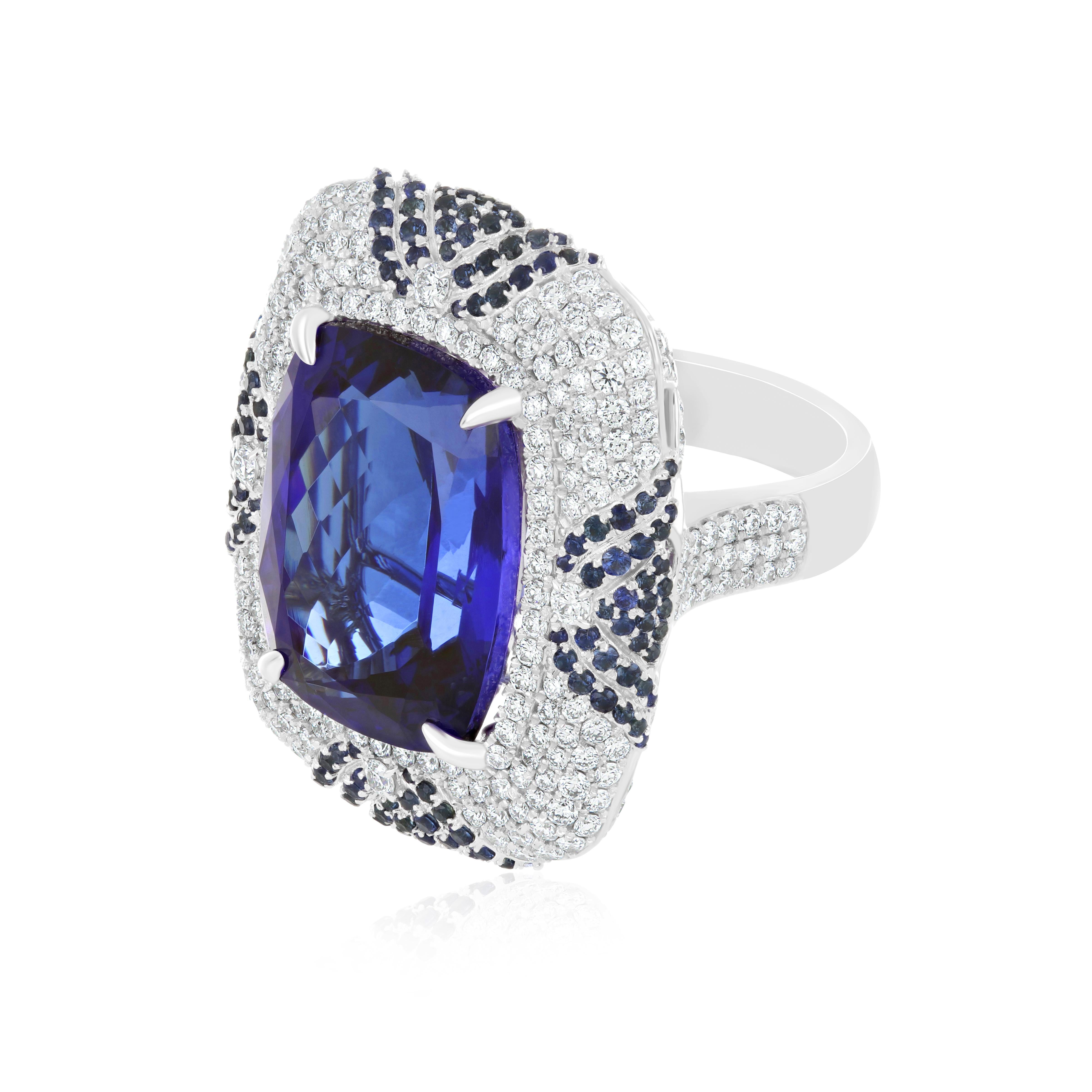Antique Cushion Cut Tanzanite, Blue Sapphire & Diamond Studded Ring in 18 Karat White Gold For Sale