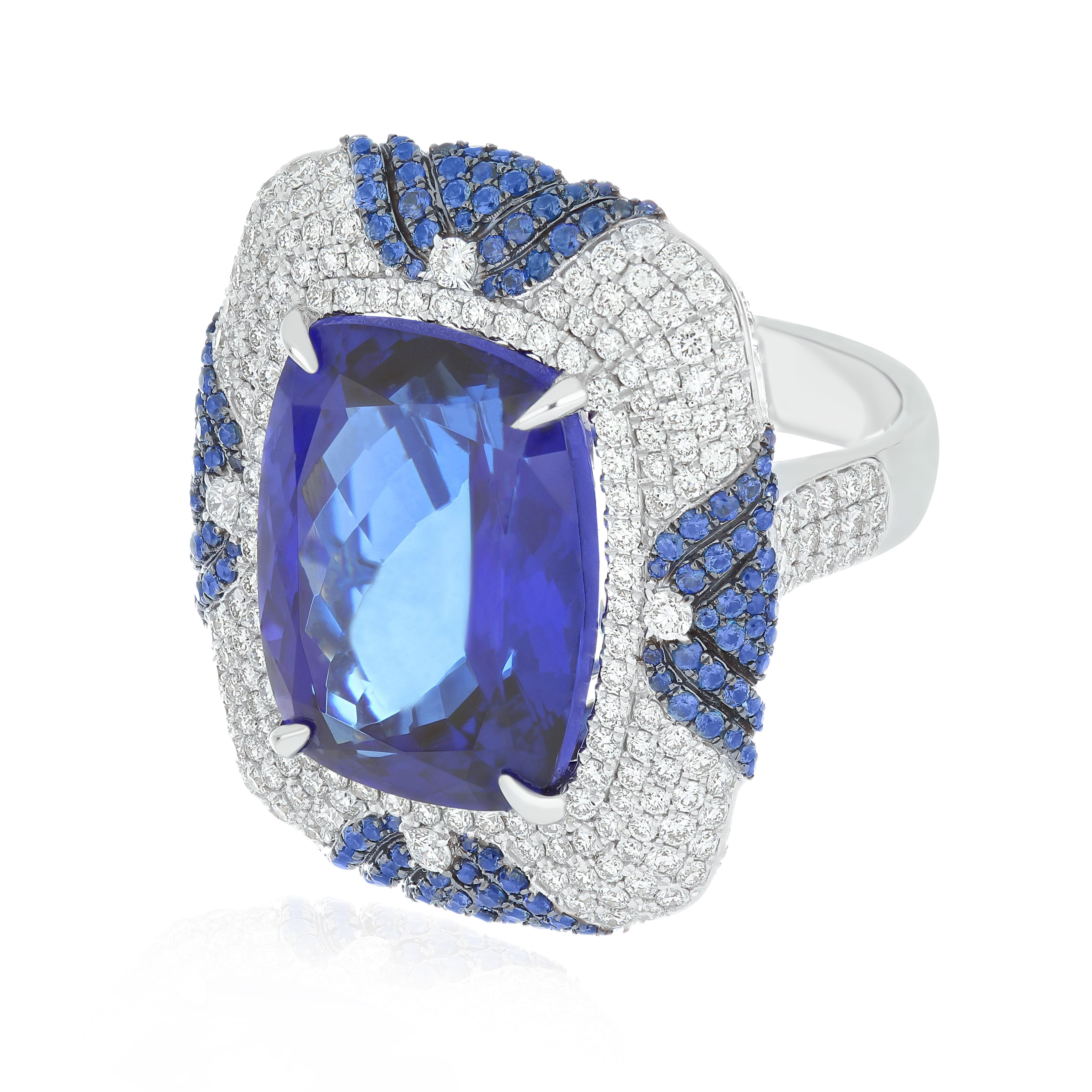 Antique Cushion Cut Tanzanite, Blue Sapphire & Diamond Studded Ring in 18 Karat White Gold For Sale