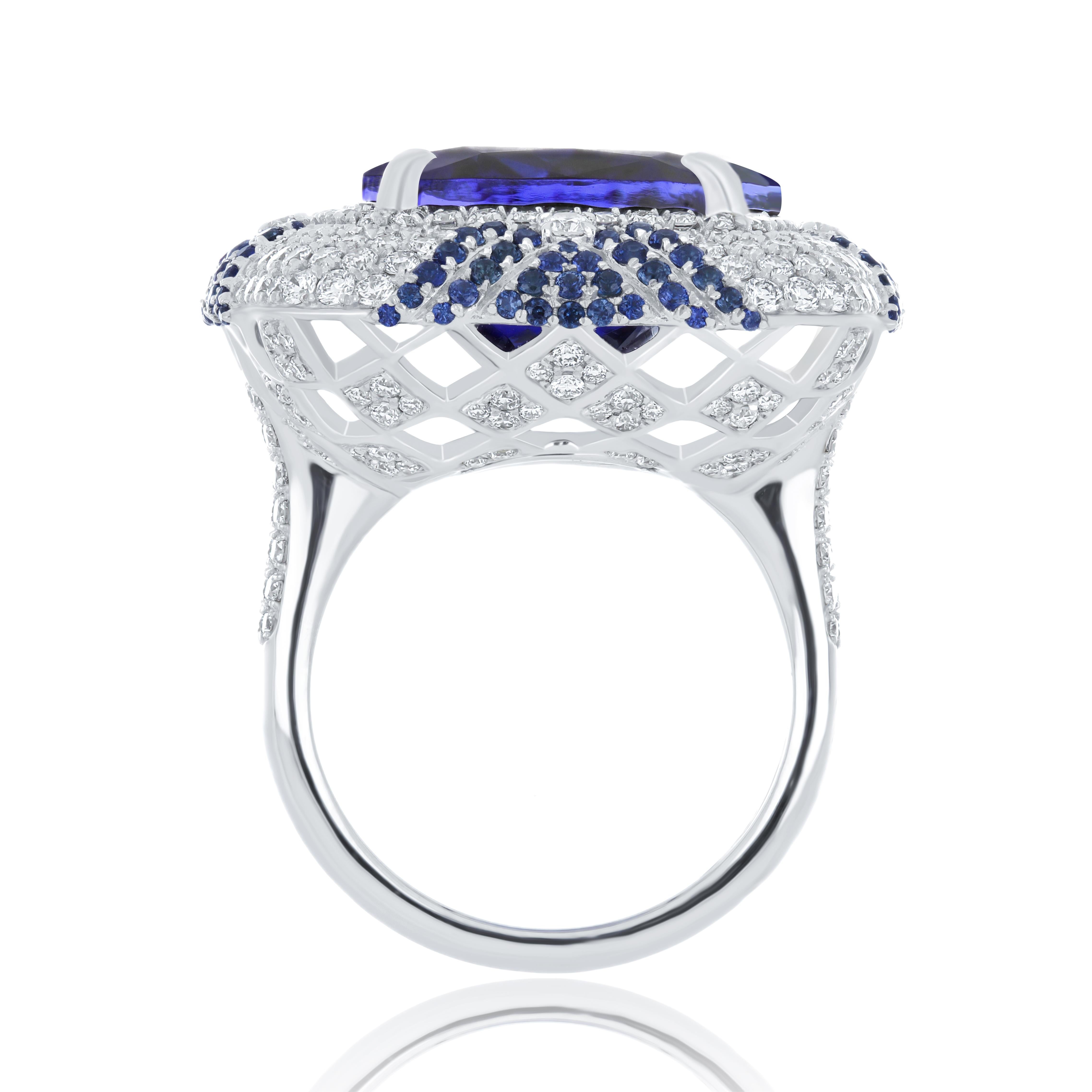 Women's Tanzanite, Blue Sapphire & Diamond Studded Ring in 18 Karat White Gold For Sale