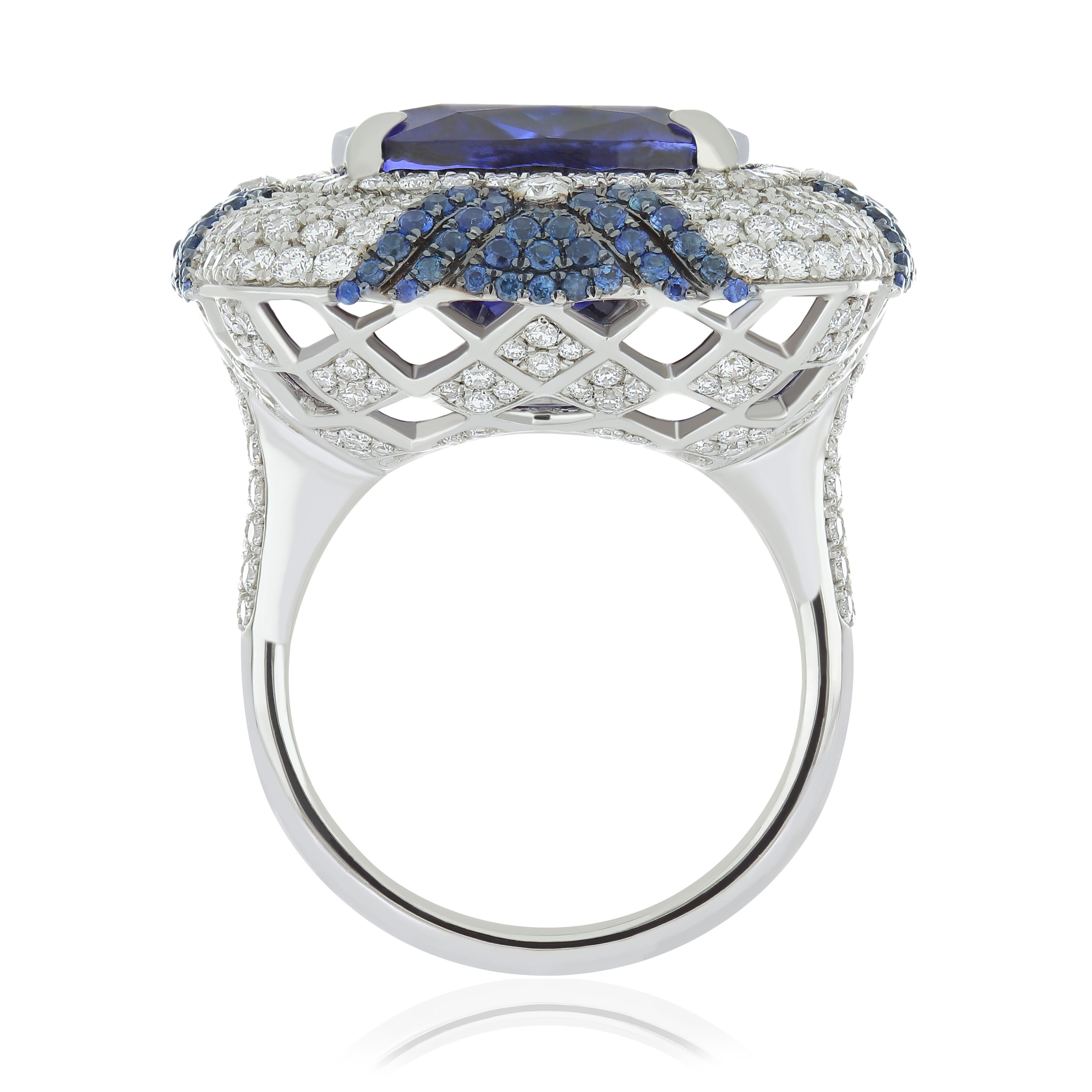 Women's Tanzanite, Blue Sapphire & Diamond Studded Ring in 18 Karat White Gold For Sale