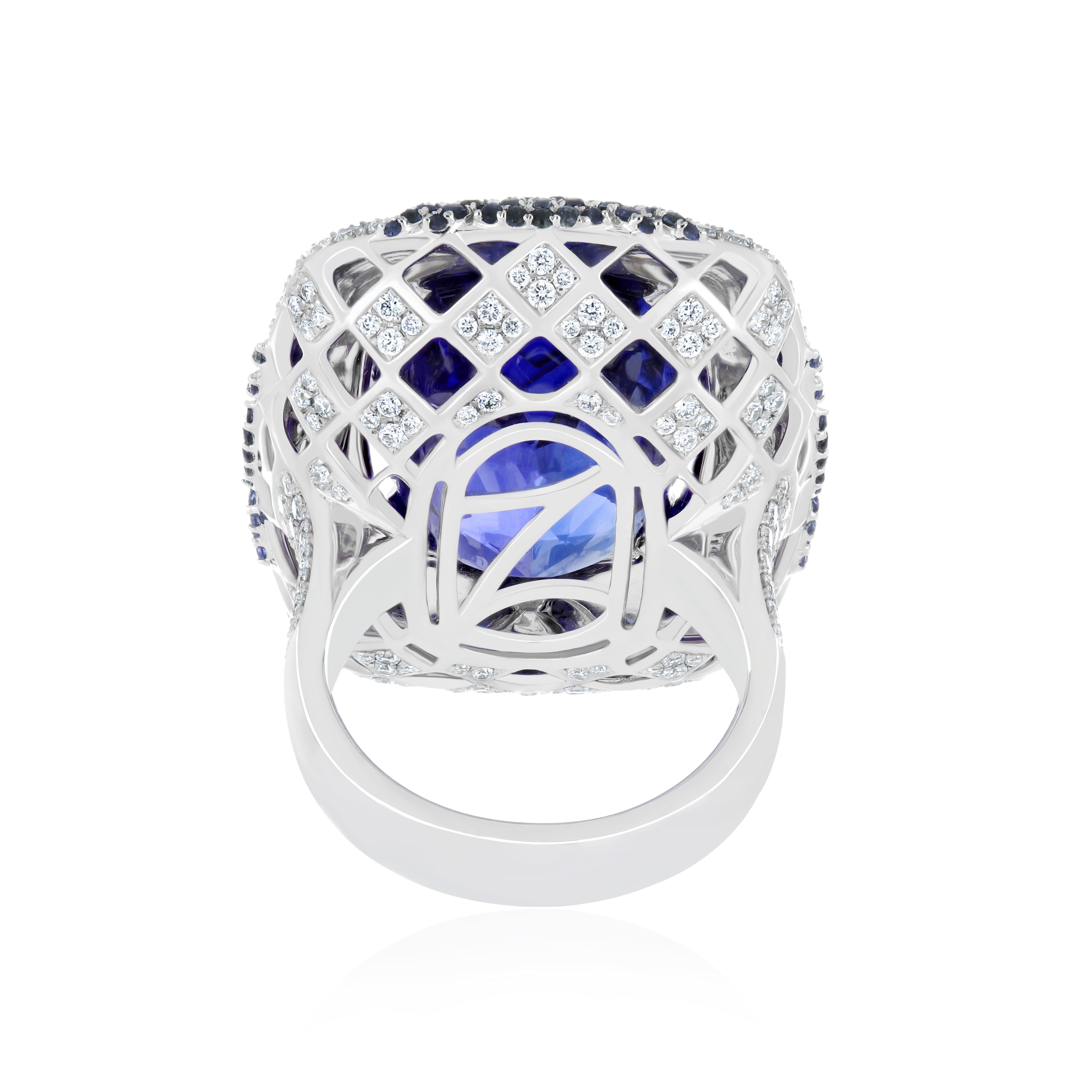 Tanzanite, Blue Sapphire & Diamond Studded Ring in 18 Karat White Gold For Sale 1