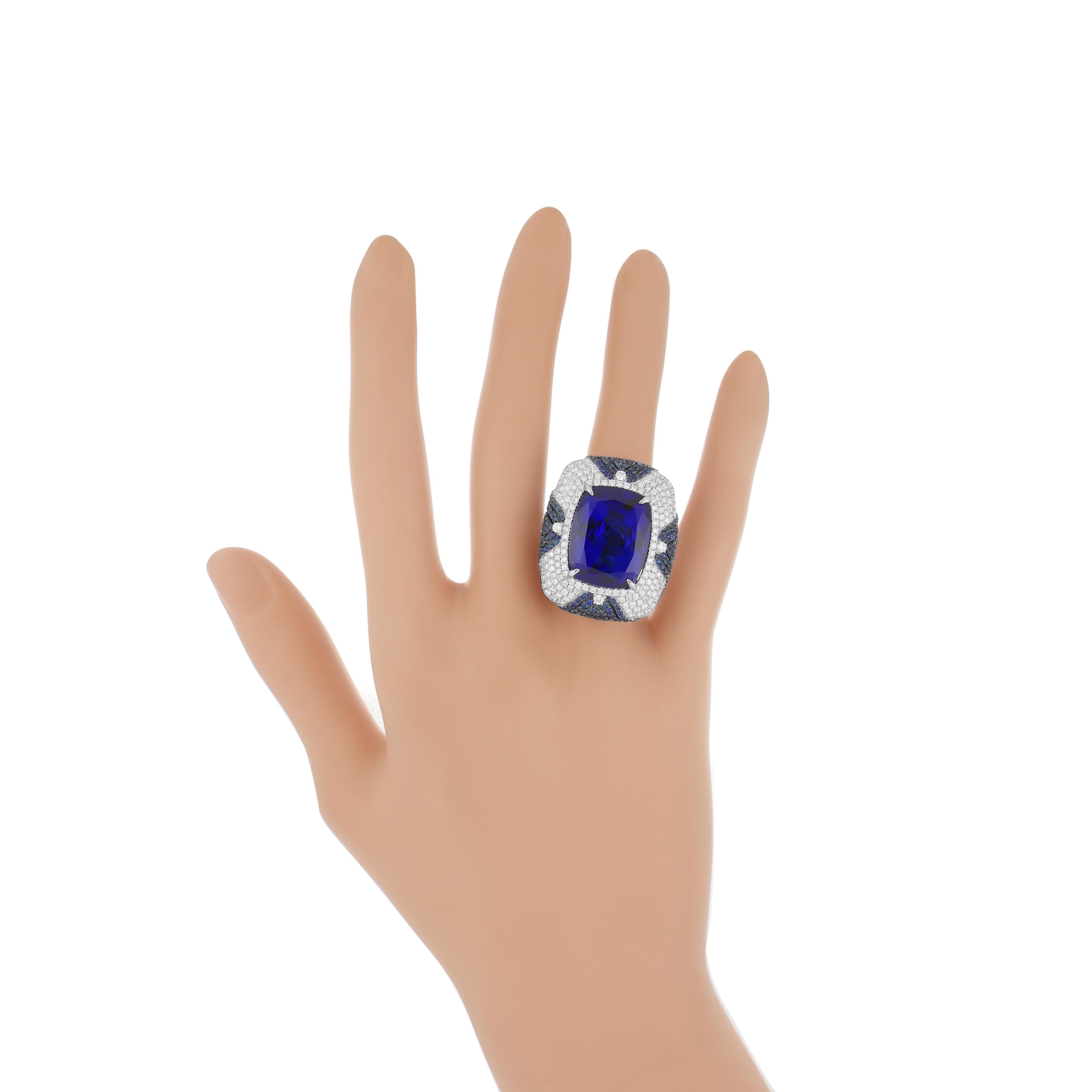 Tanzanite, Blue Sapphire & Diamond Studded Ring in 18 Karat White Gold For Sale 1