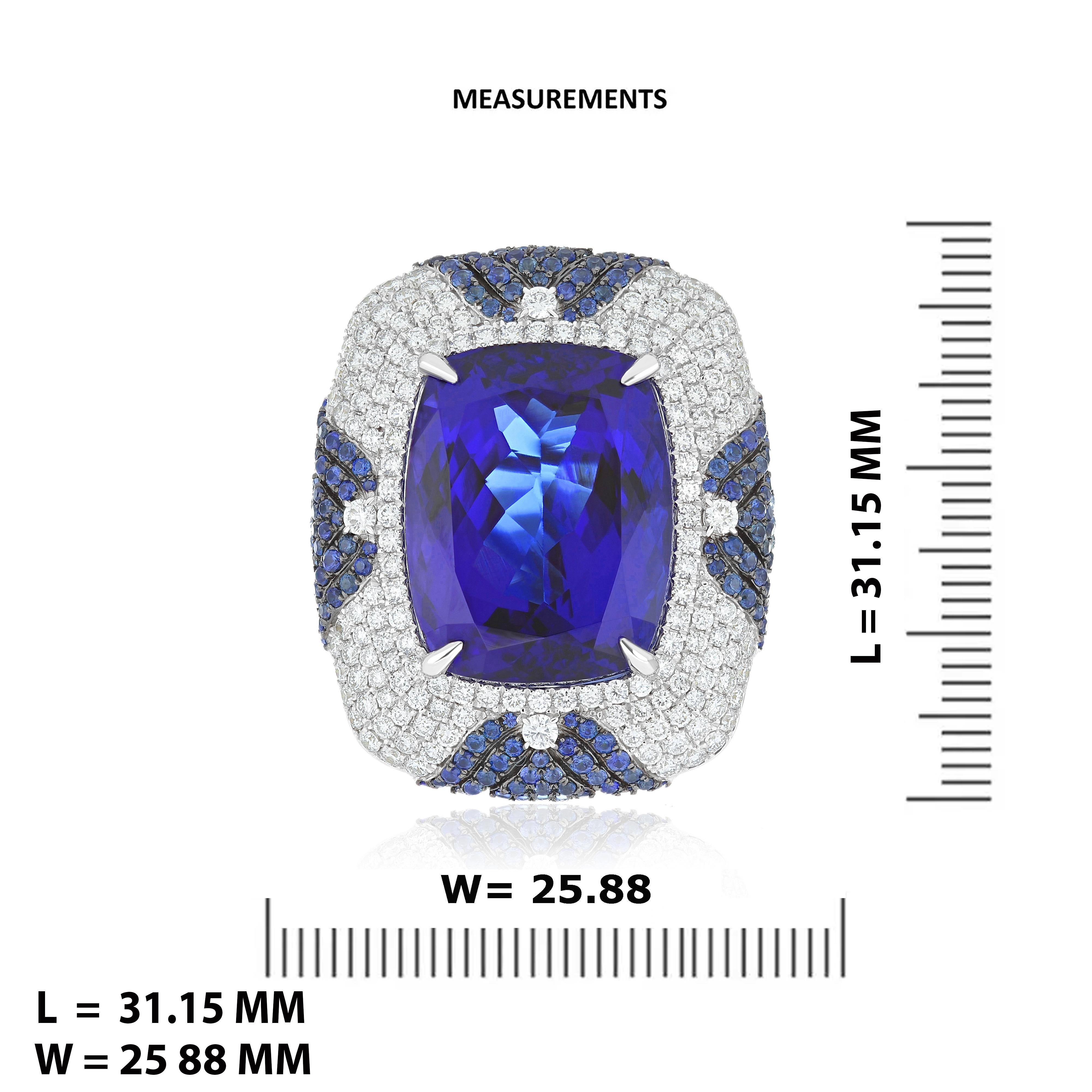 Tanzanite, Blue Sapphire & Diamond Studded Ring in 18 Karat White Gold For Sale 2