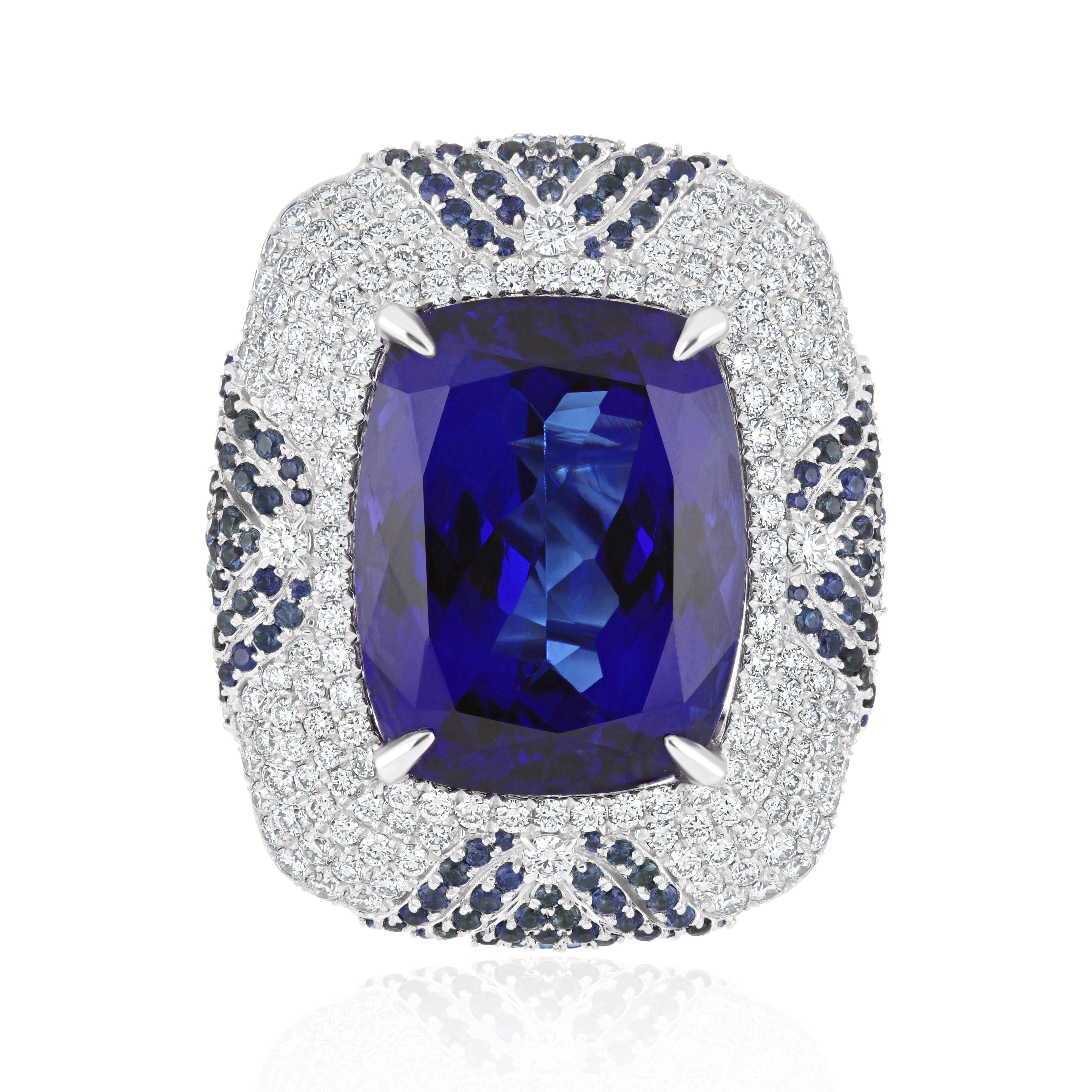 Tanzanite, Blue Sapphire & Diamond Studded Ring in 18 Karat White Gold For Sale 4