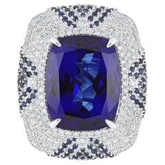 Tanzanite, Blue Sapphire & Diamond Studded Ring in 18 Karat White Gold