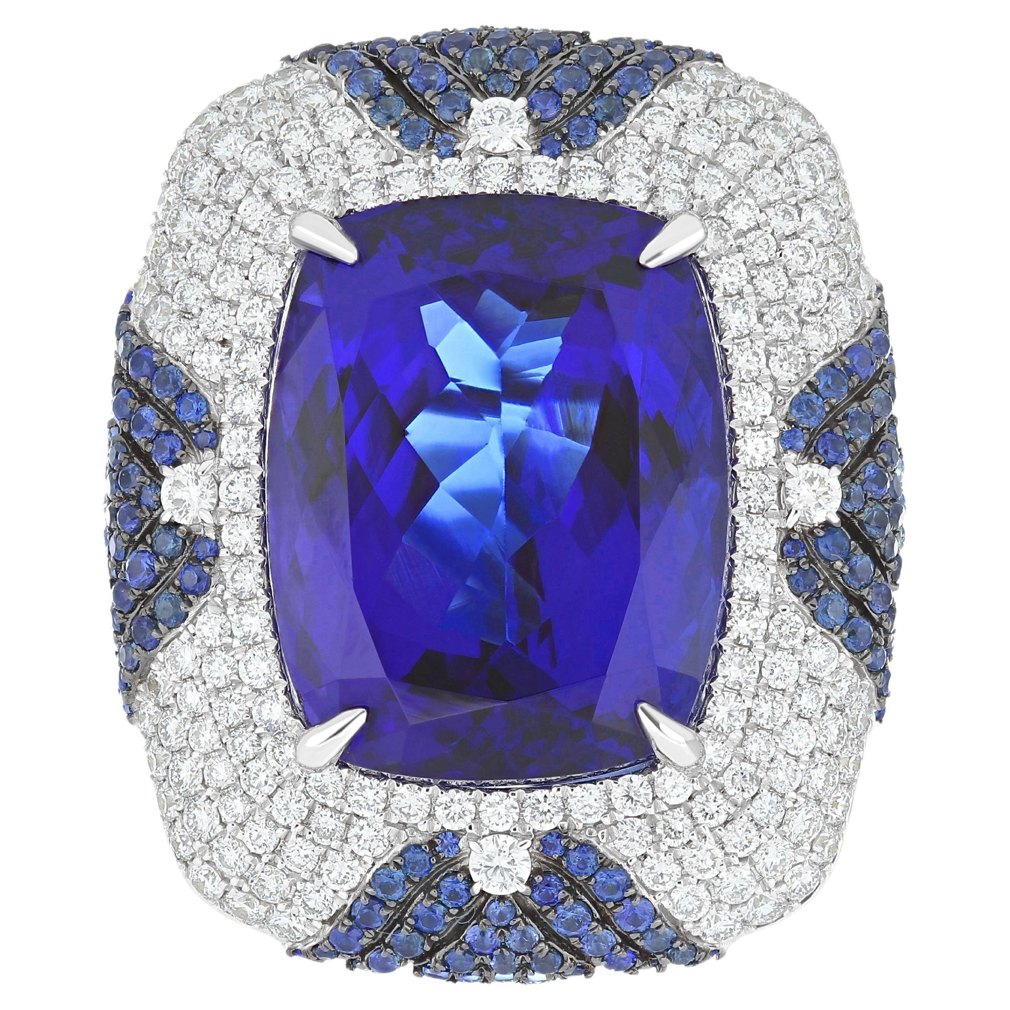 Tanzanite, Blue Sapphire & Diamond Studded Ring in 18 Karat White Gold