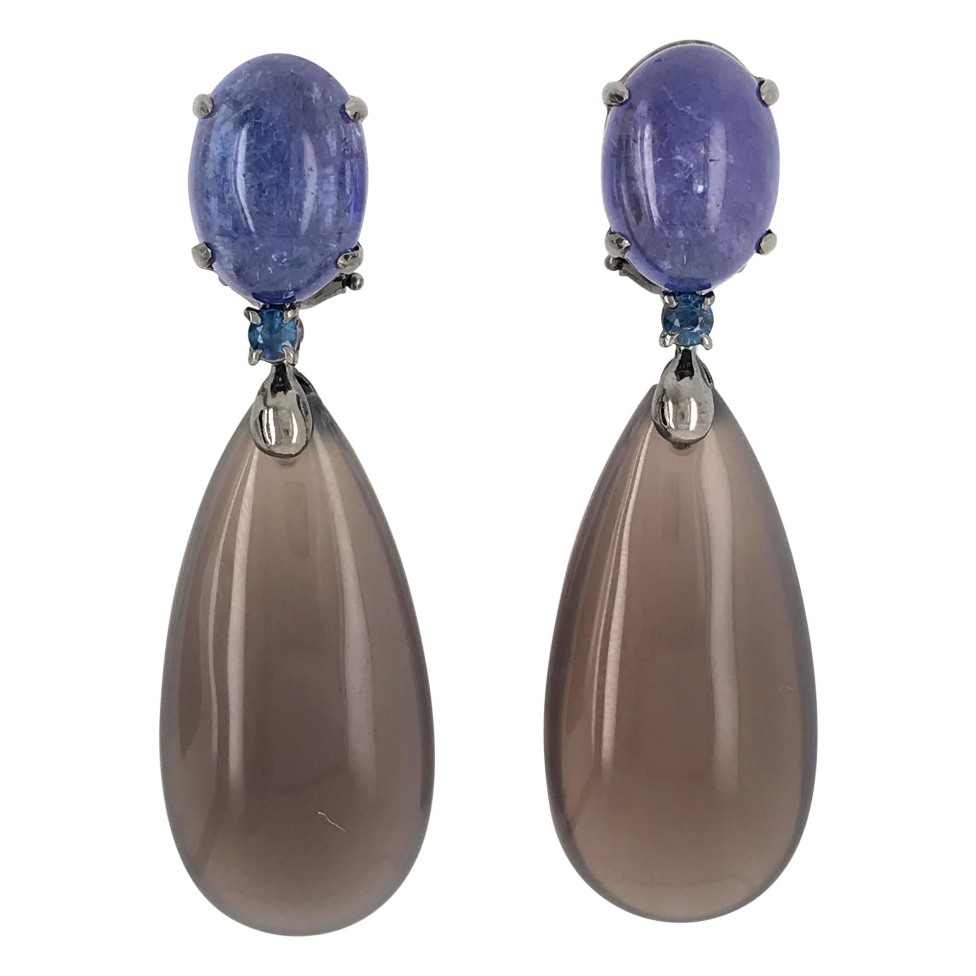 Tanzanite Blue Sapphires and Grey Agate on Black Gold Chandelier Earrings