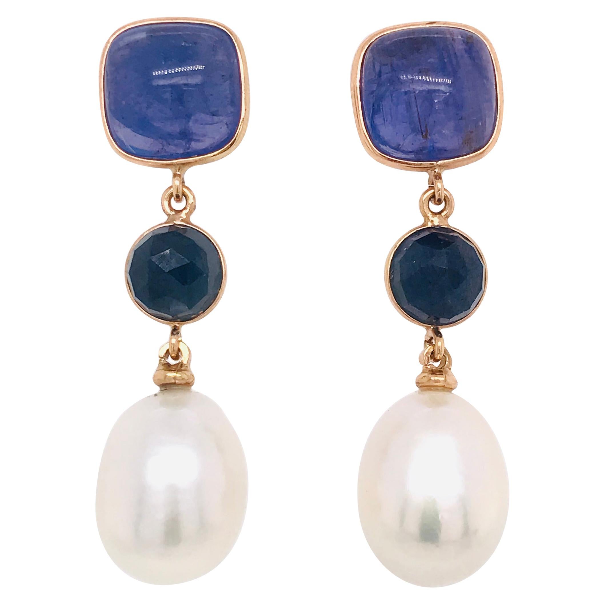 Tanzanite Blue Sapphires and Natural Pearls Rose Gold Chandelier Earrings