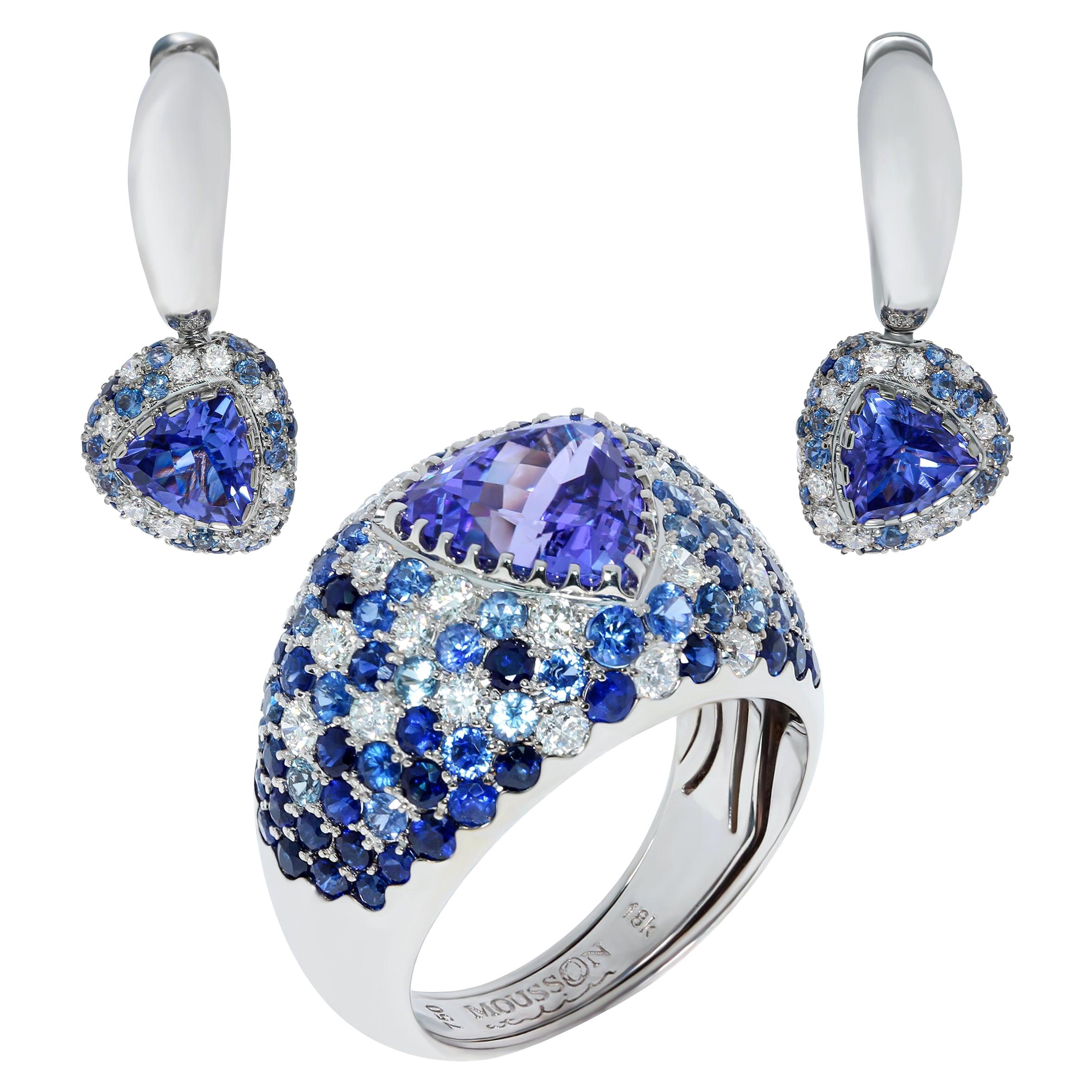 For Sale:  Tanzanite Blue Sapphires Diamonds White 18 Karat Gold Riviera Suite