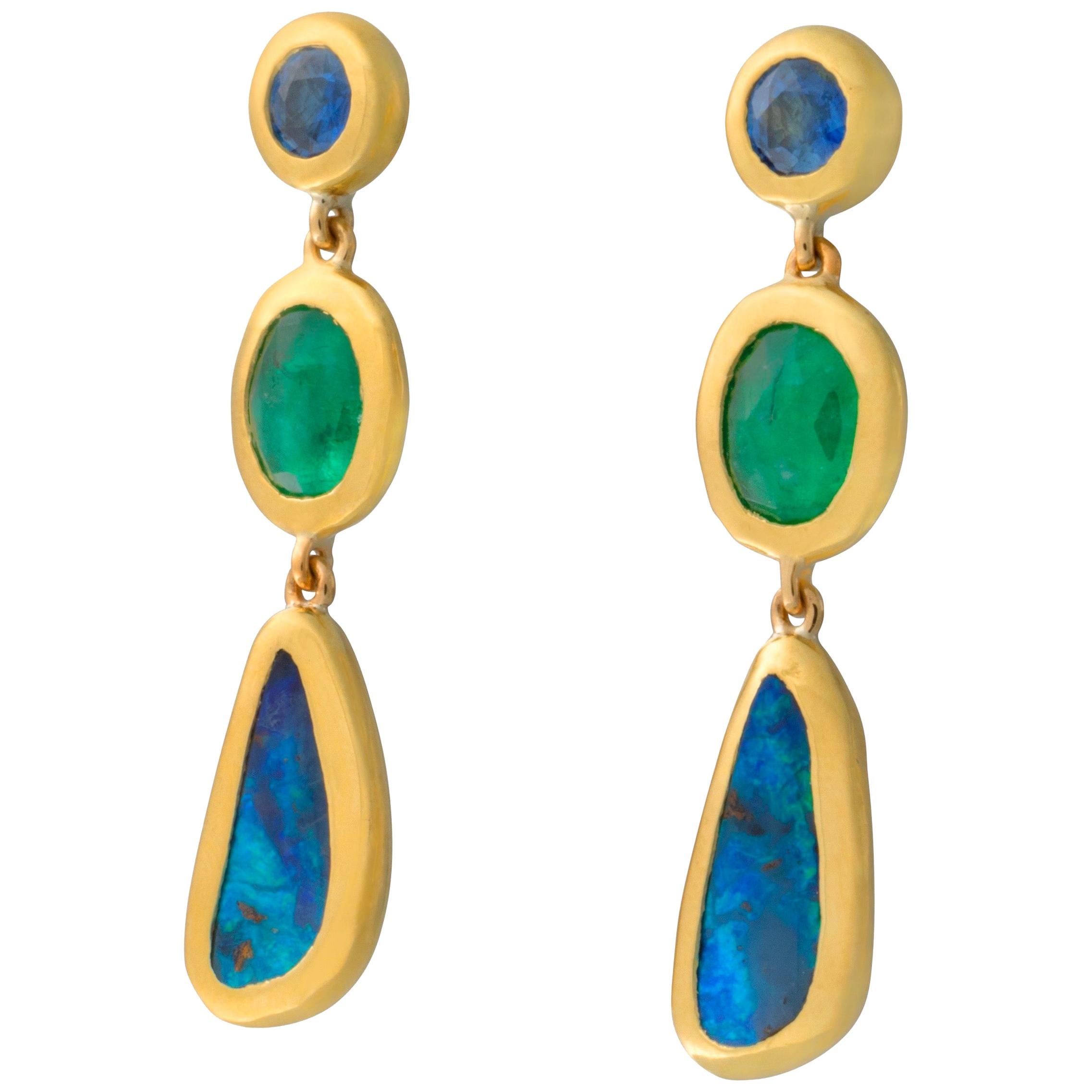 Tanzanite, Boulder Opal and Emerald Drop Earrings For Sale