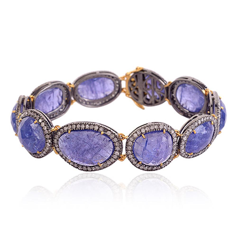 Art Deco Tanzanite Bracelet with Pave Diamonds Made in 18k Gold & Silver For Sale