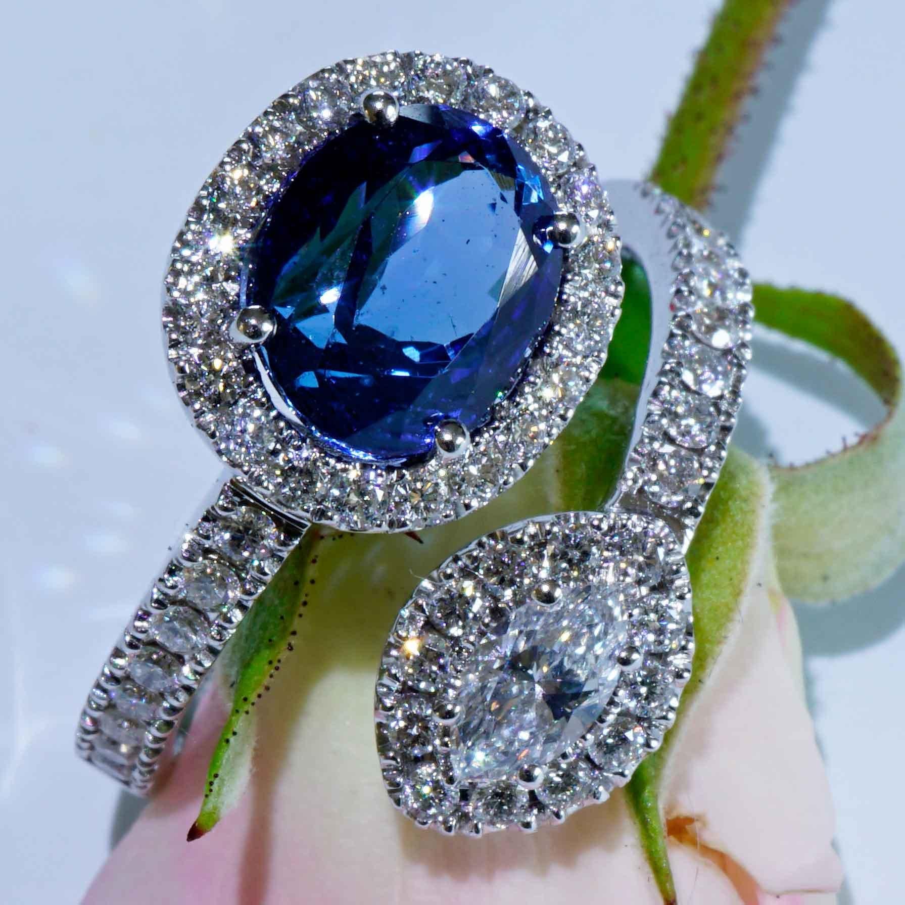 Tansanit Brillant Ring Zwilling Design 3,3 ct 1,06 ct Navette TW VS fantastisch aussehen im Angebot 4