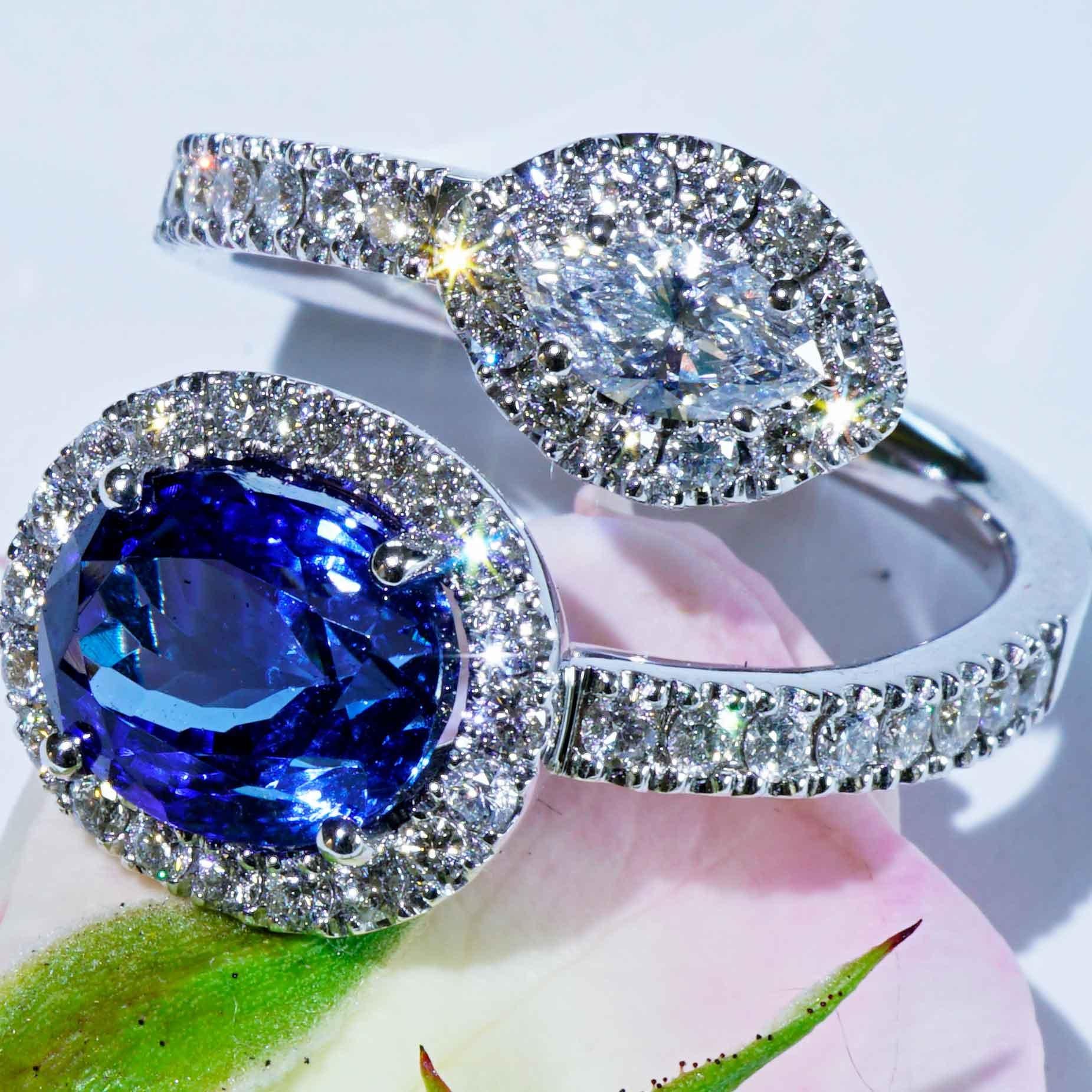 Tansanit Brillant Ring Zwilling Design 3,3 ct 1,06 ct Navette TW VS fantastisch aussehen im Angebot 6