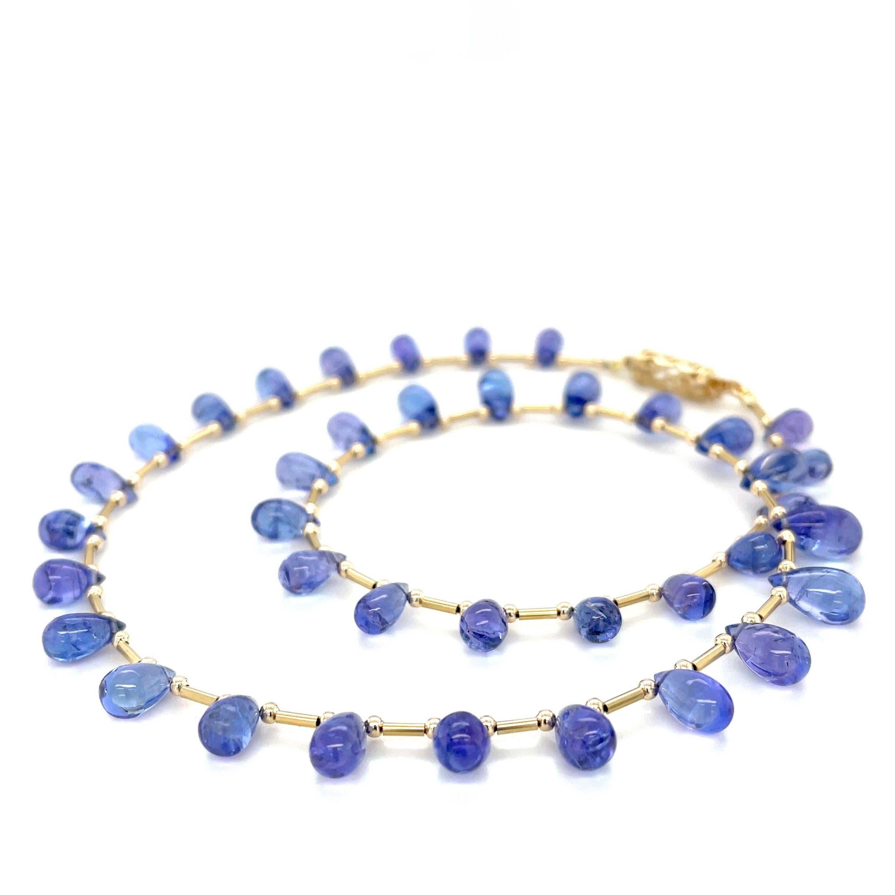 Artisan Tanzanite Briolette and 14k Yellow Gold  Beaded Necklace For Sale