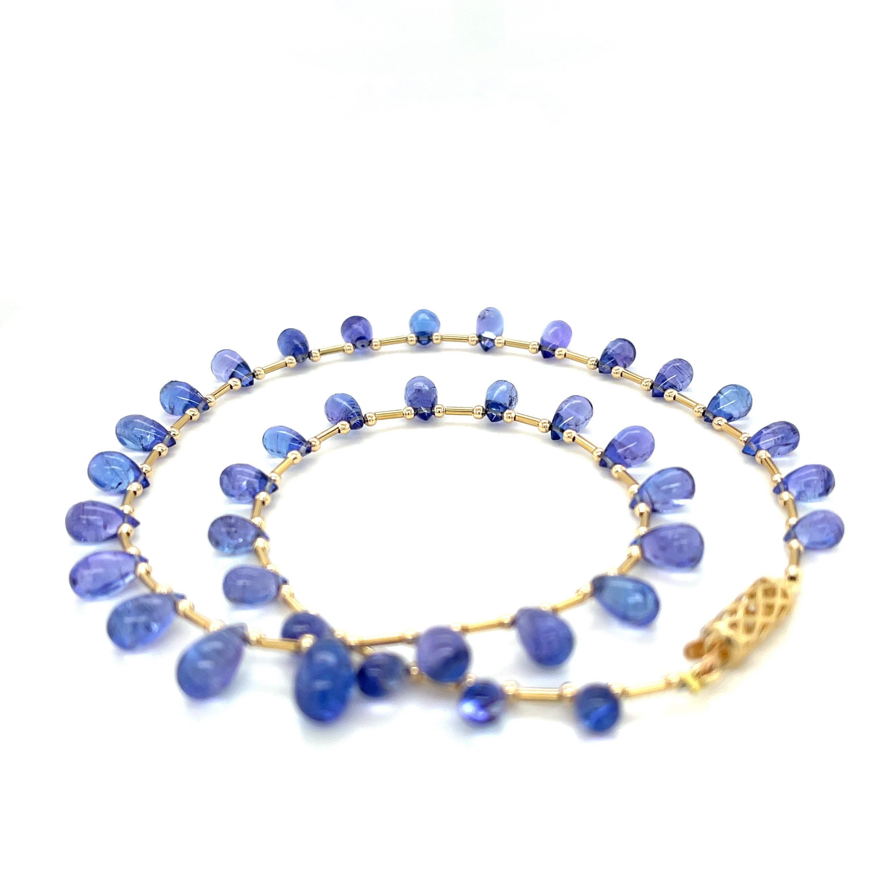 Briolette Cut Tanzanite Briolette and 14k Yellow Gold  Beaded Necklace For Sale