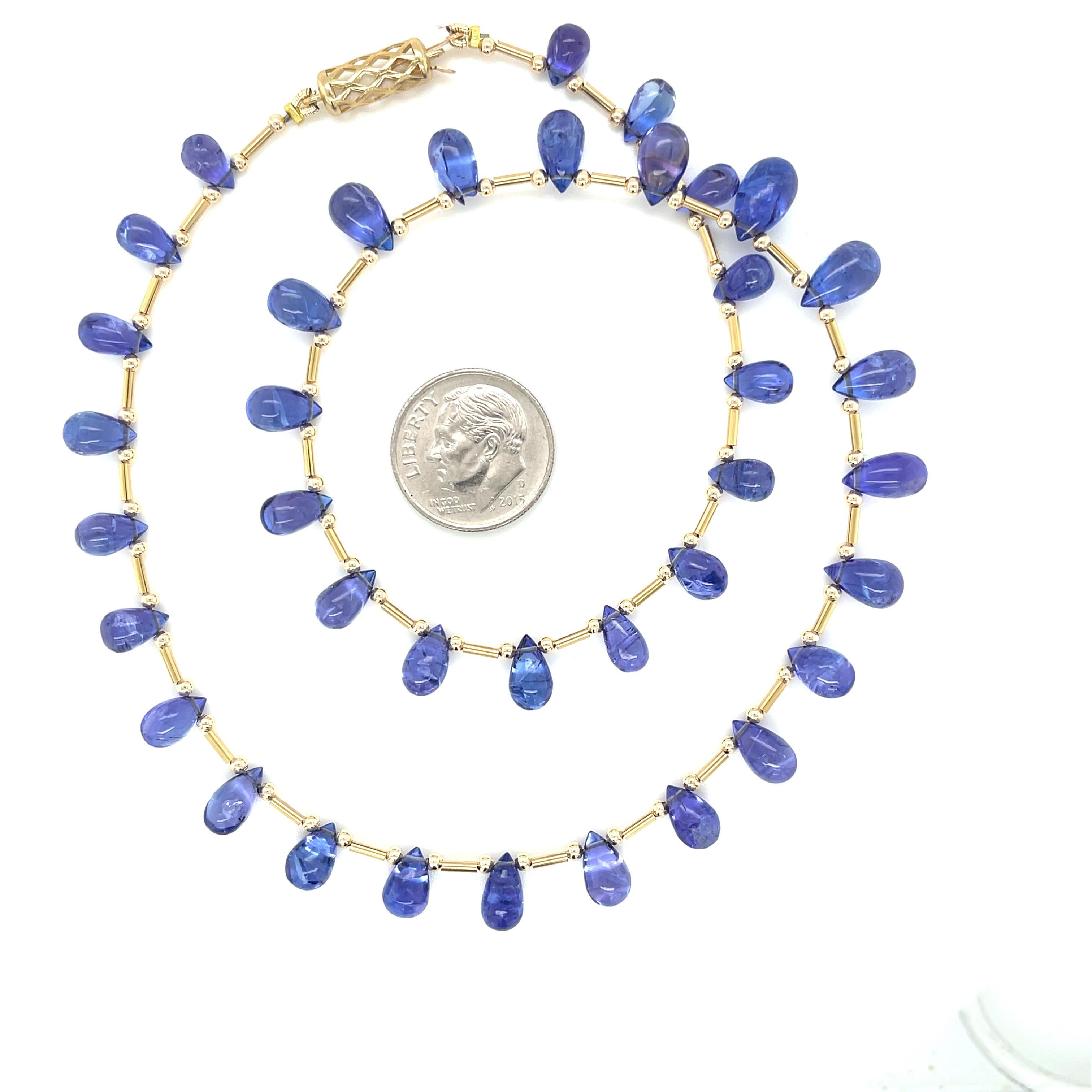 Tanzanite Briolette and 14k Yellow Gold  Beaded Necklace In New Condition For Sale In Los Angeles, CA