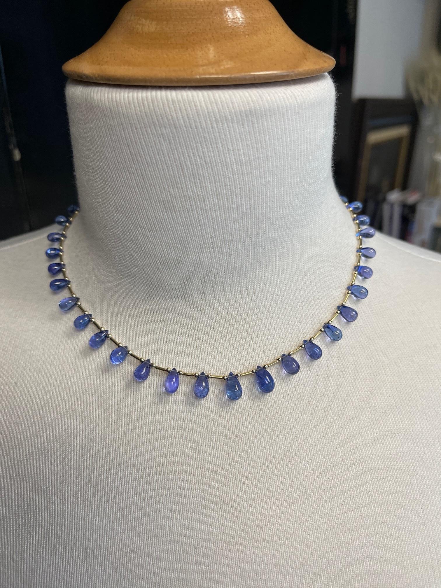 Women's Tanzanite Briolette and 14k Yellow Gold  Beaded Necklace For Sale