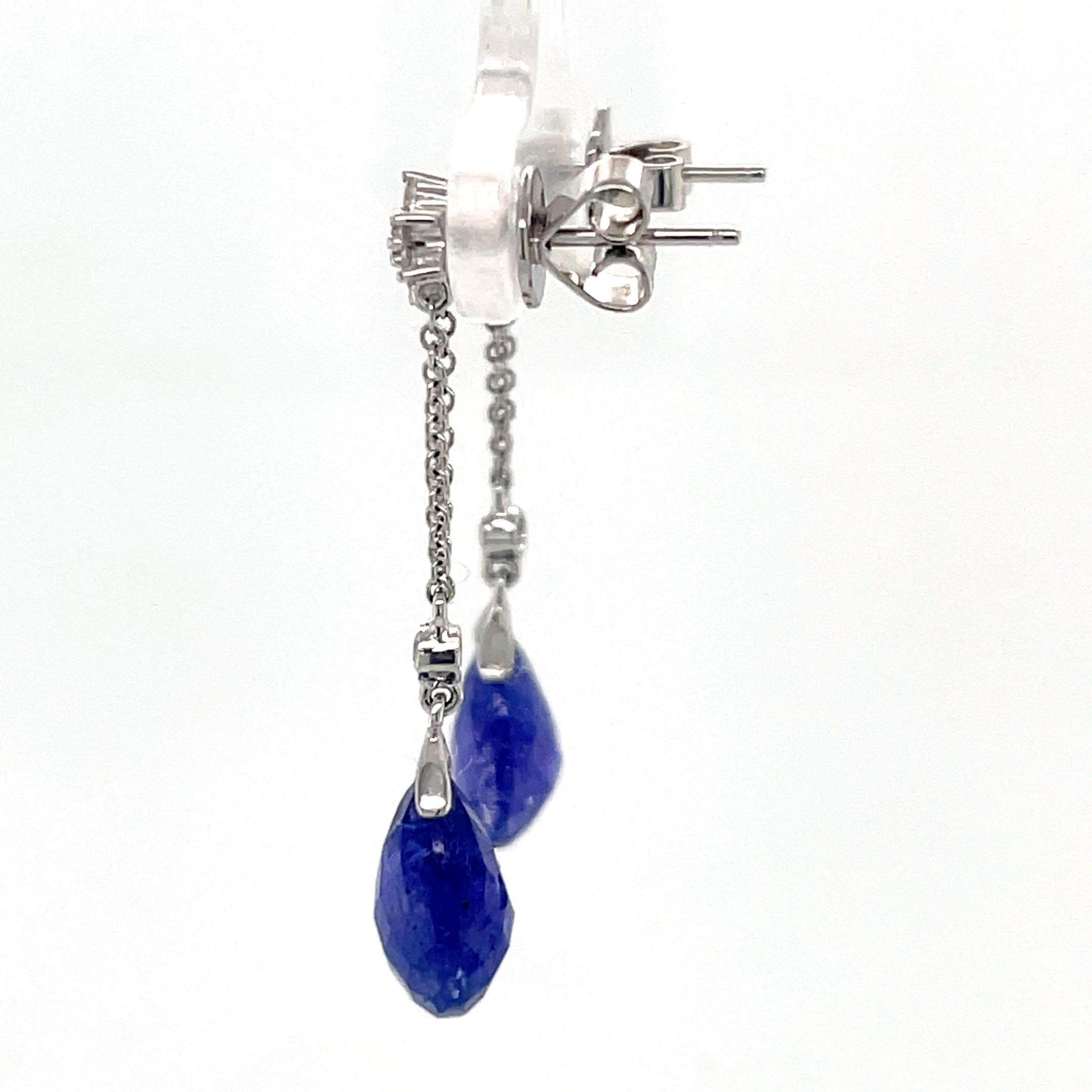 Tanzanite Briolette and Diamond Dangling Earrings in 18K White Gold For Sale 1