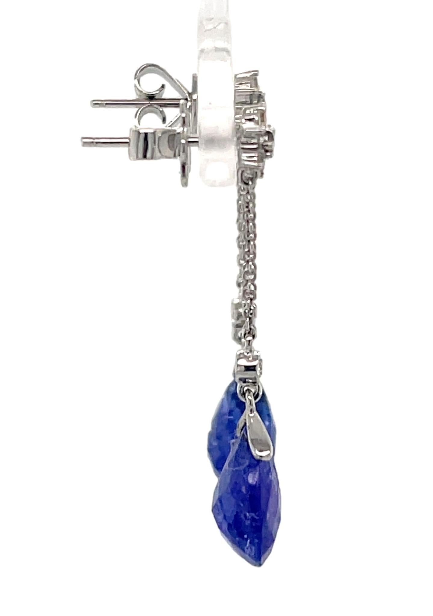 Tanzanite Briolette and Diamond Dangling Earrings in 18K White Gold For Sale 2