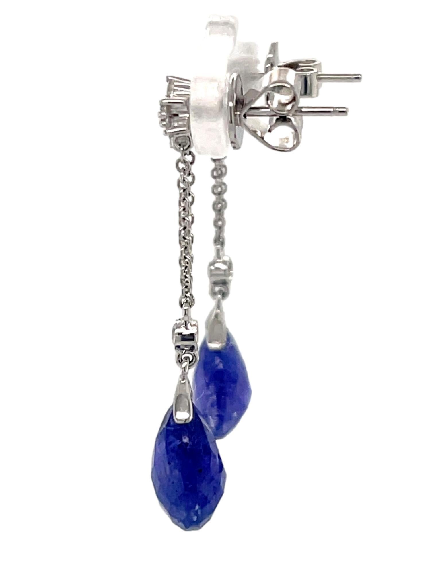Tanzanite Briolette and Diamond Dangling Earrings in 18K White Gold For Sale 3