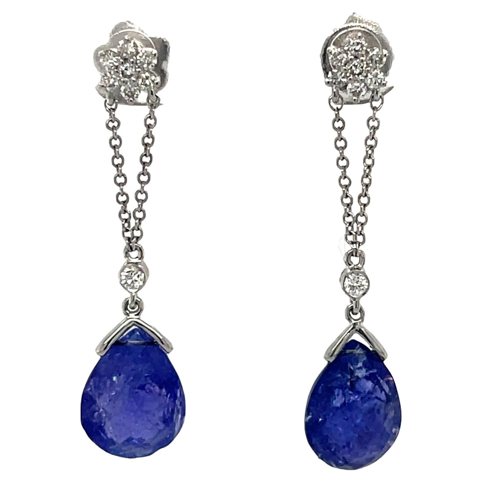 Tanzanite Briolette and Diamond Dangling Earrings in 18K White Gold For Sale