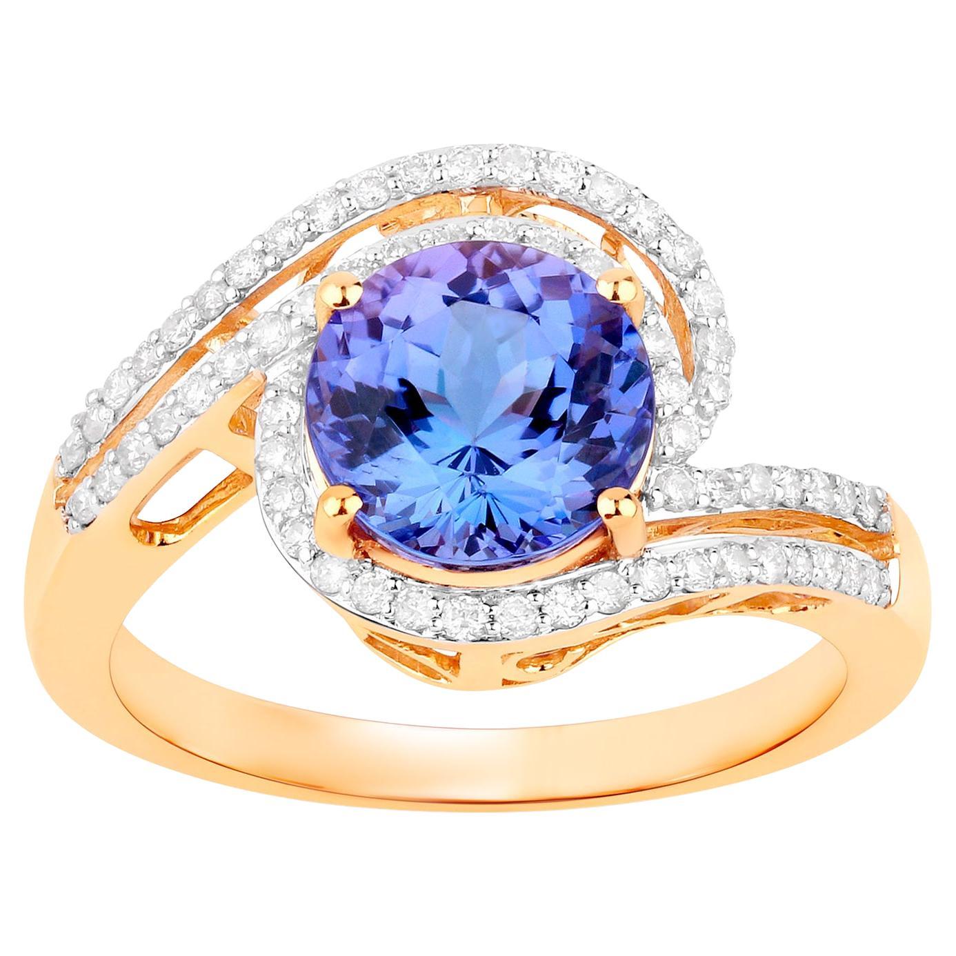 Tanzanite Bypass Ring Round Cut 2.8 Carats 14K Yellow Gold For Sale
