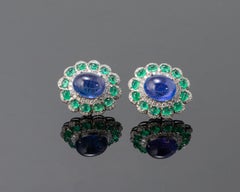 Tanzanite Cabochon and Emerald Cabochon Stud Earrings