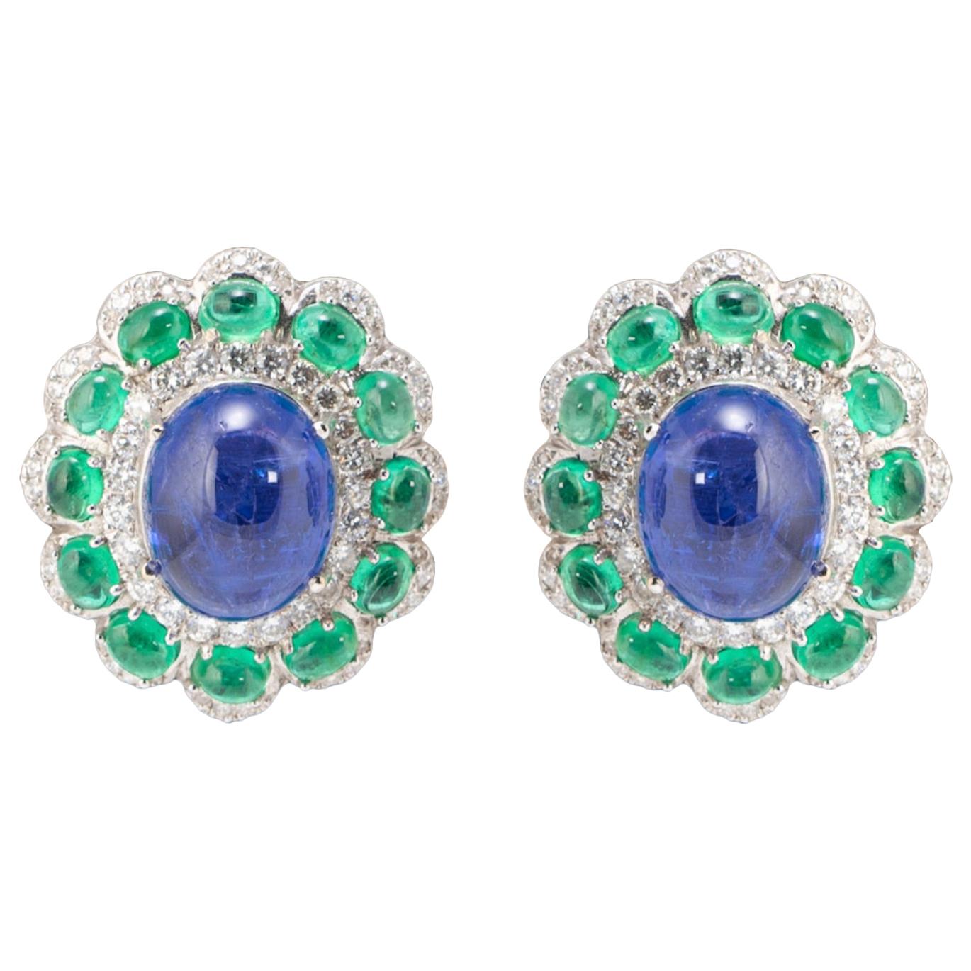 Tanzanite Cabochon and Emerald Cabochon Stud Earrings