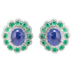 Tanzanite Cabochon and Emerald Cabochon Stud Earrings