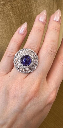 Tanzanite Cabochon and Rose Cut Diamond Ring, 18k White Gold, 4.77ct