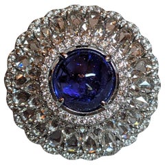 Tanzanite Cabochon and Rose Cut Diamond Ring, 18k White Gold, 4.77ct