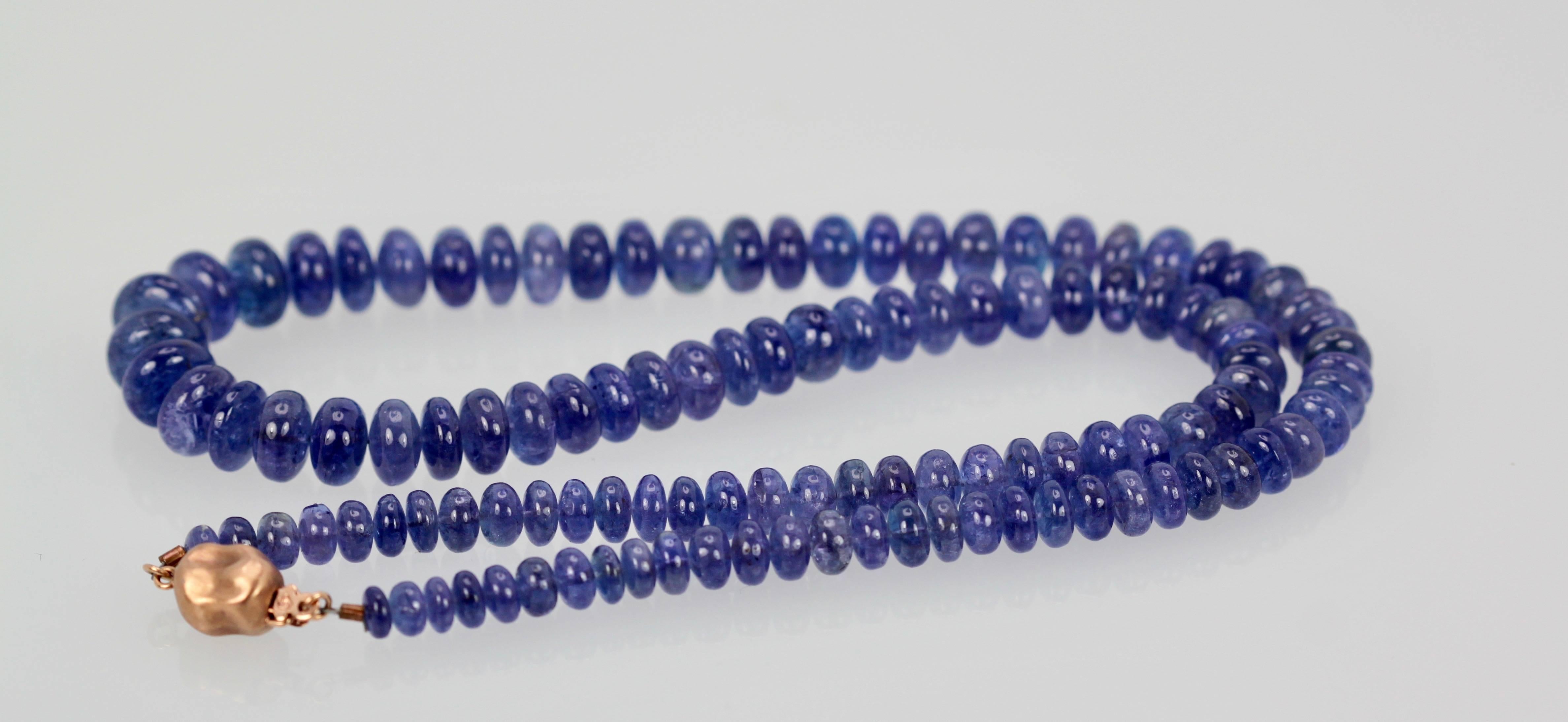 Oval Cut Tanzanite Cabochon Beaded Necklace 14 Karat Clasp For Sale